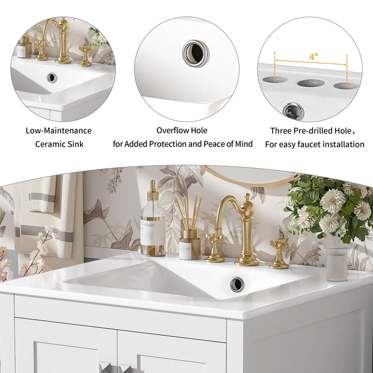 Bathroom Vanity With Integrated Undermount Ceramic Sink, 2 Doors And 1 Drawer, Soft Close Hinges