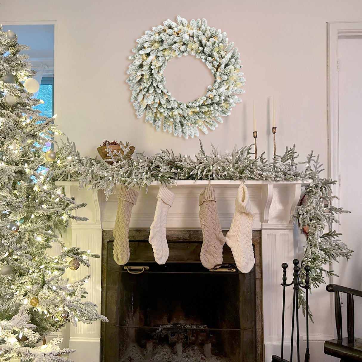 36-In. Icy Frost Snow Flocked Wreath with Warm White LED Lights