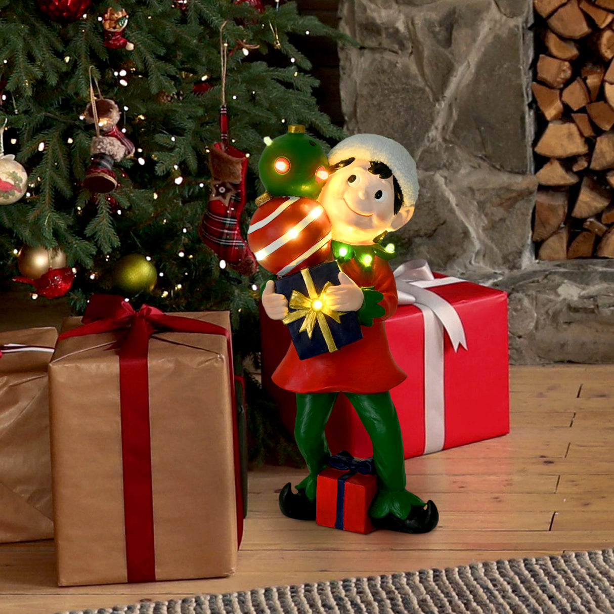 30-inch Elf Figurine Holding Presents with Built-in Multicolor LED Lights