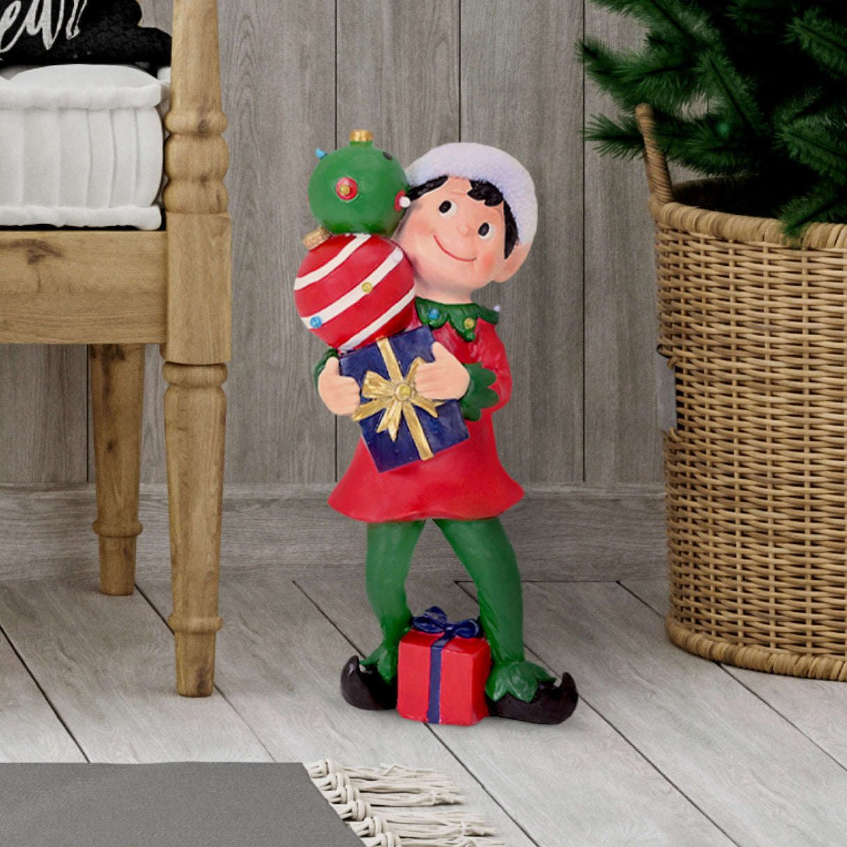 30-inch Elf Figurine Holding Presents with Built-in Multicolor LED Lights