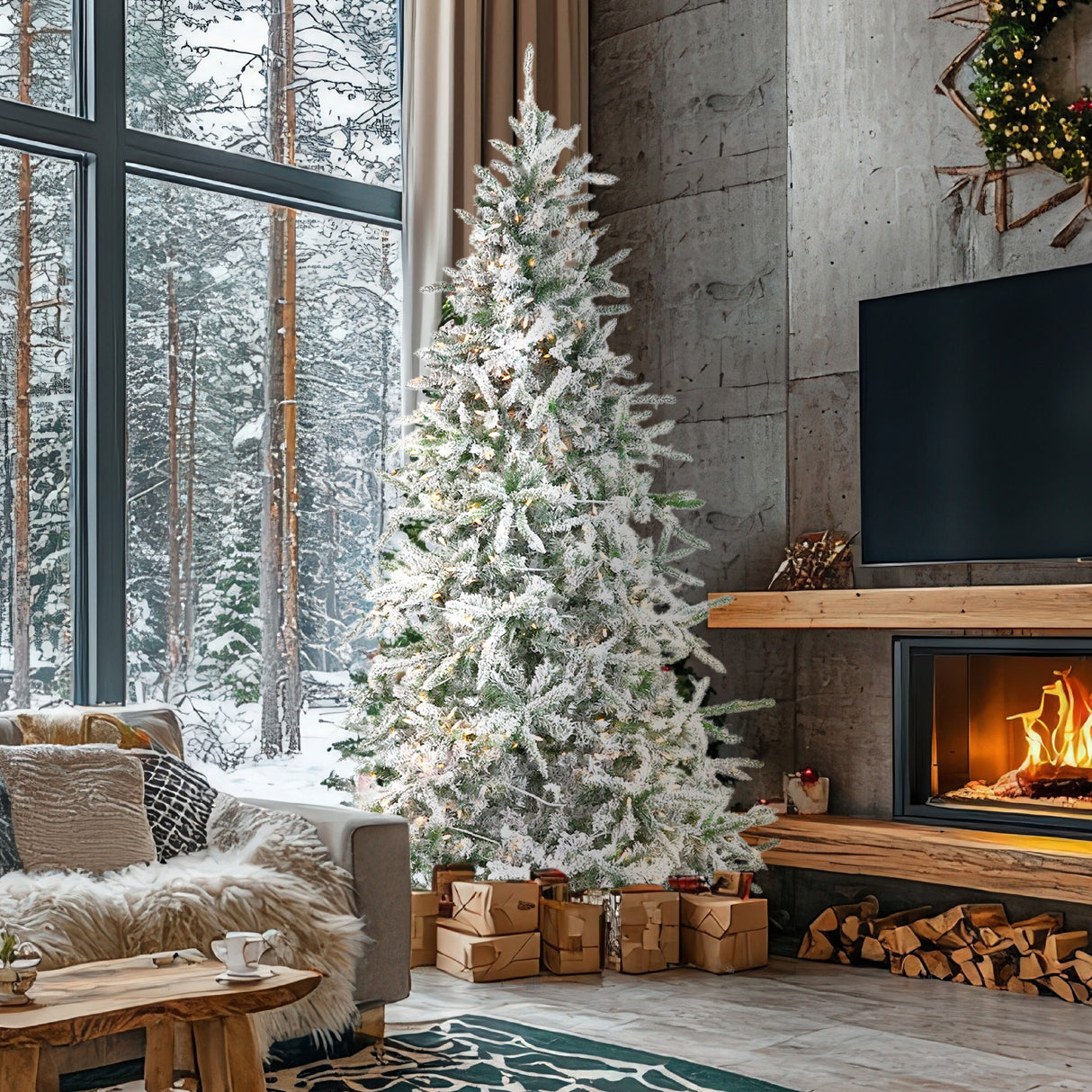 Fraser Hill Farm 10-Ft Flocked Mountain Pine Artificial Christmas Tree with White Incandescent Smart Lights