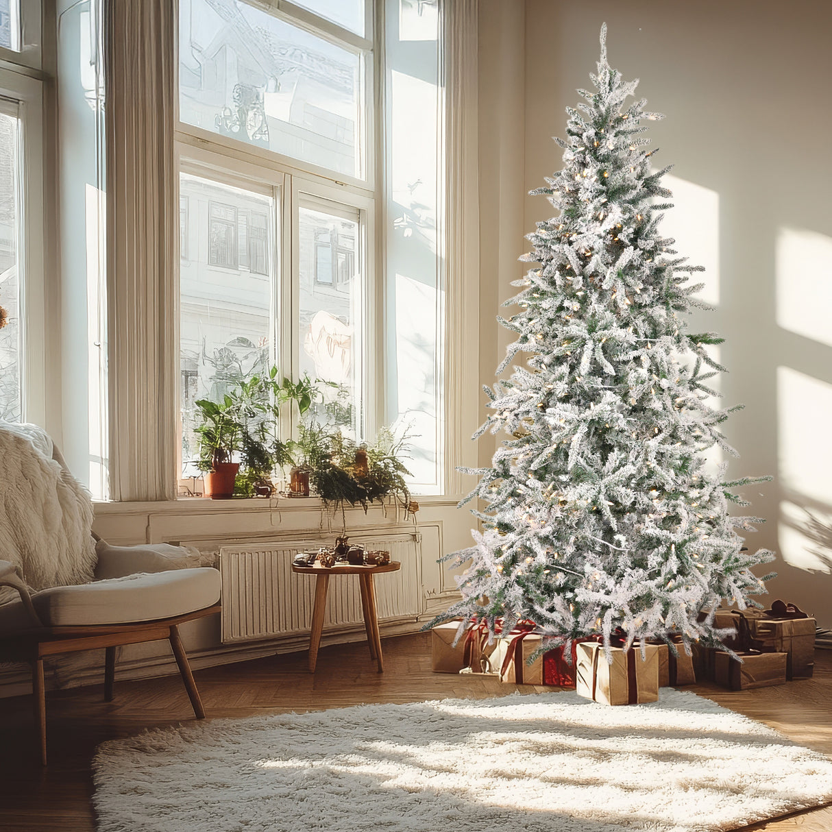 Fraser Hill Farm 10-Ft Flocked Mountain Pine Artificial Christmas Tree with Warm White LED Lighting