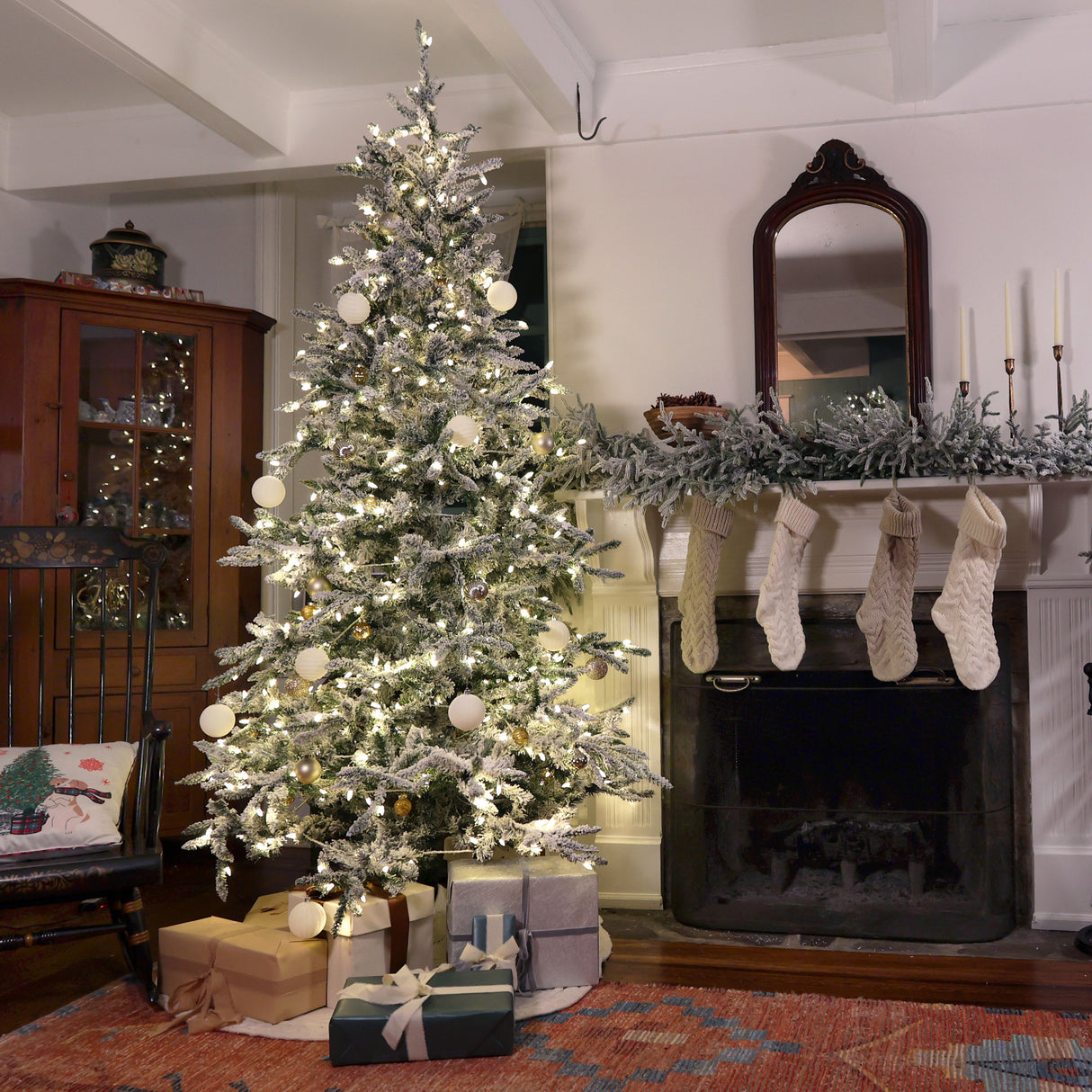 Fraser Hill Farm 6.5-Ft Flocked Mountain Pine Artificial Christmas Tree with White Incandescent Smart Lights