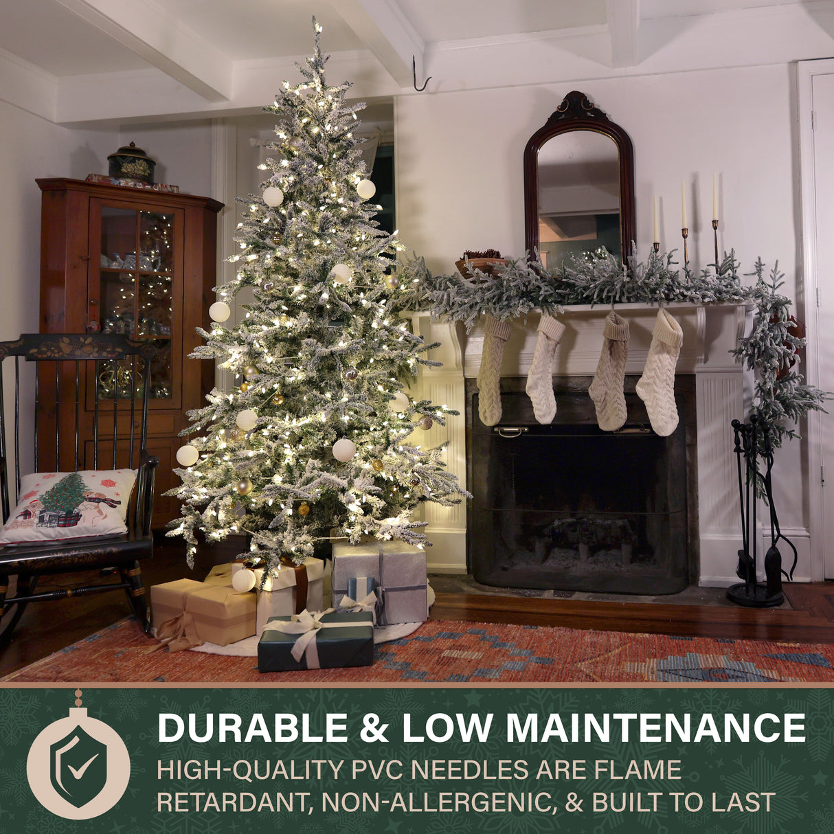 Fraser Hill Farm 6.5-Ft Flocked Mountain Pine Artificial Christmas Tree with White Incandescent Smart Lights