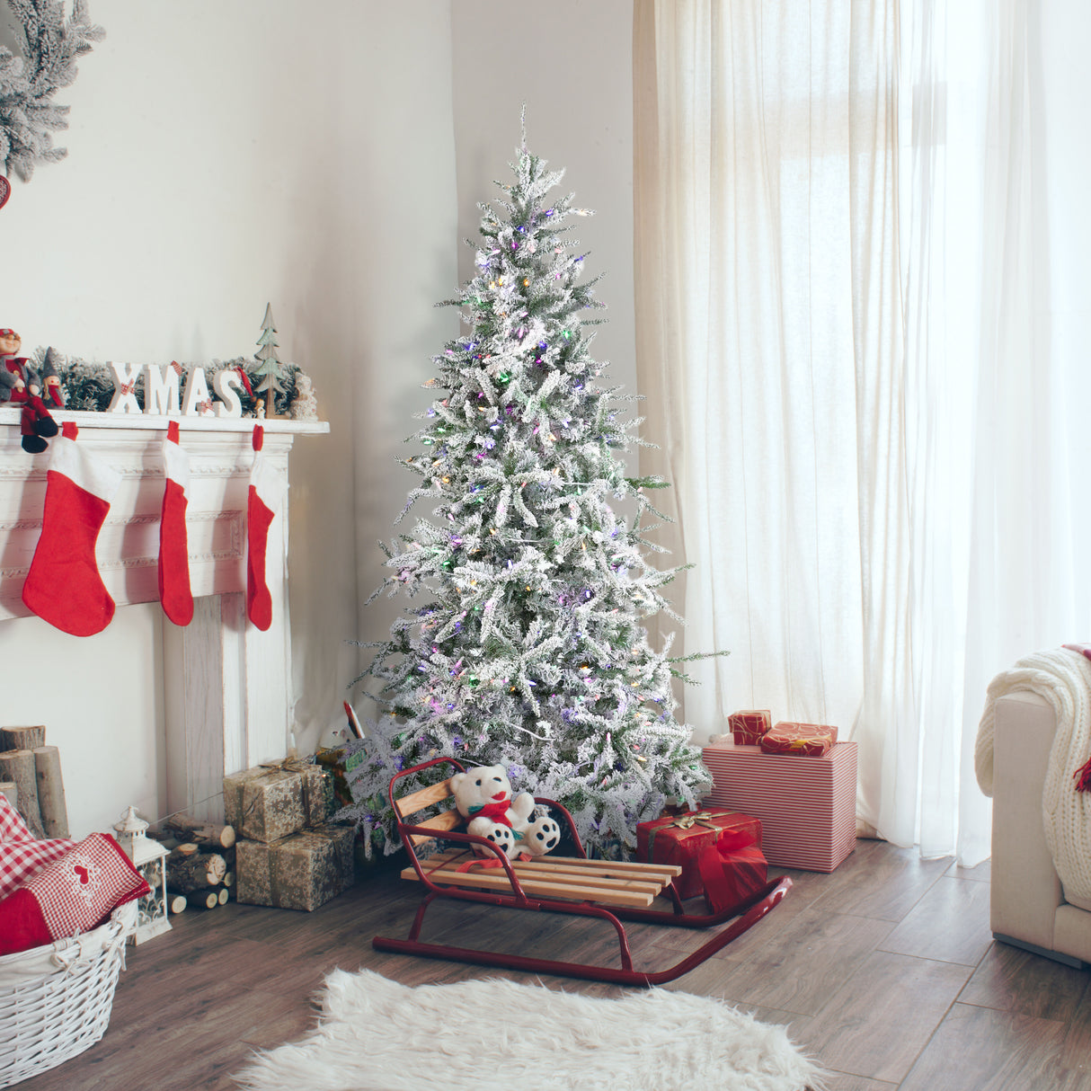 Fraser Hill Farm 6.5-Ft Flocked Mountain Pine Artificial Christmas Tree with Dual Multicolor & Warm White LED Lights