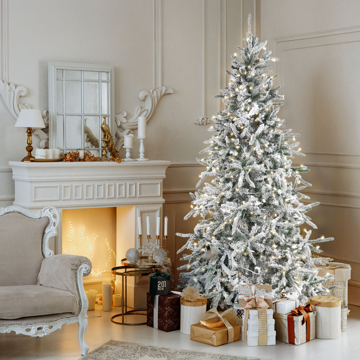 Fraser Hill Farm 7.5-Ft Flocked Mountain Pine Artificial Christmas Tree with Warm White LED Lights