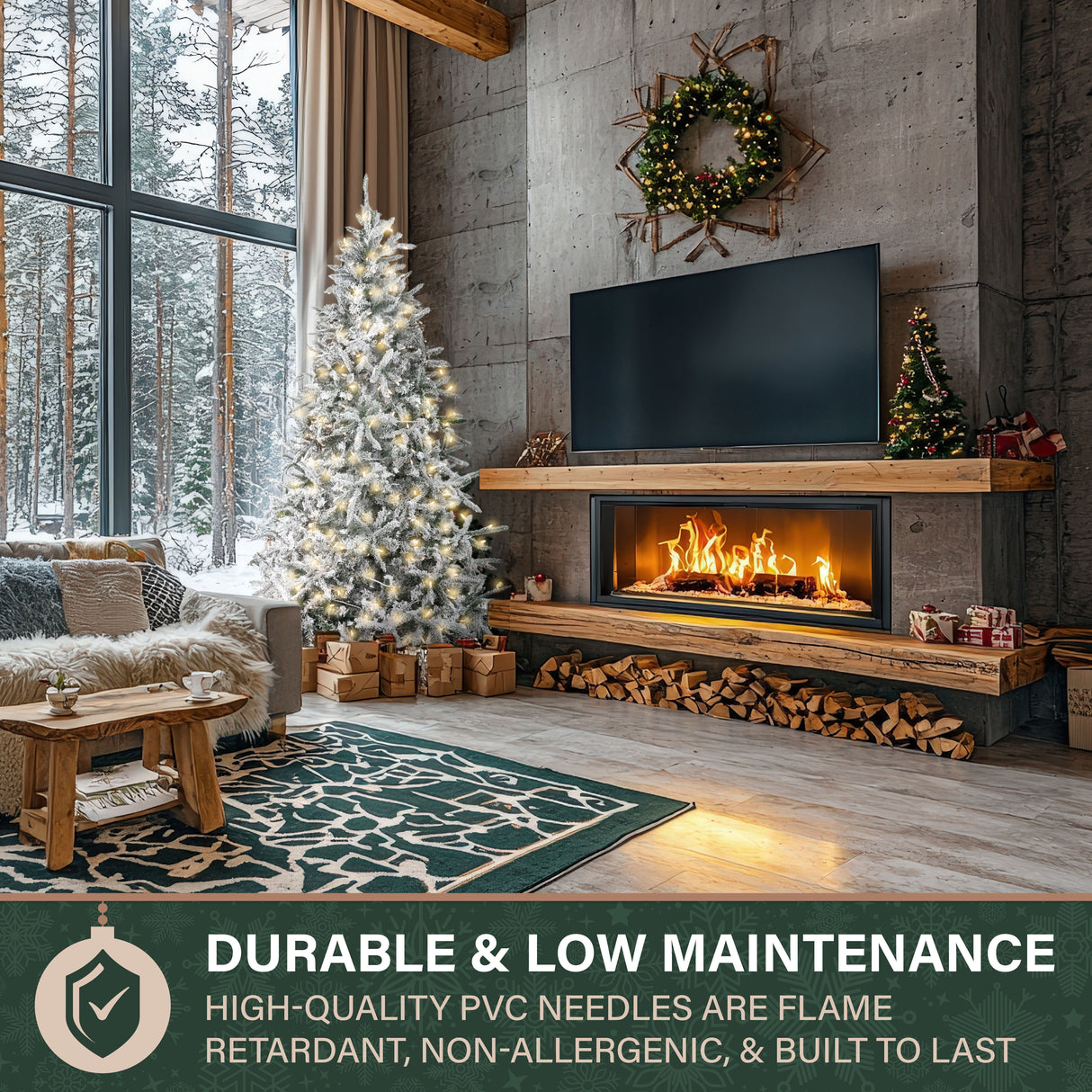 Fraser Hill Farm 7.5-Ft Flocked Mountain Pine Artificial Christmas Tree with Dual Multicolor & Warm White LED Lights