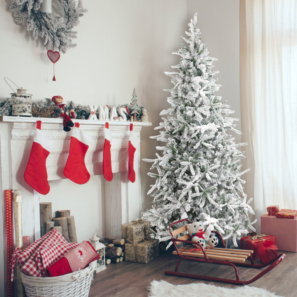 Fraser Hill Farm 9-Ft Flocked Mountain Pine Artificial Christmas Tree