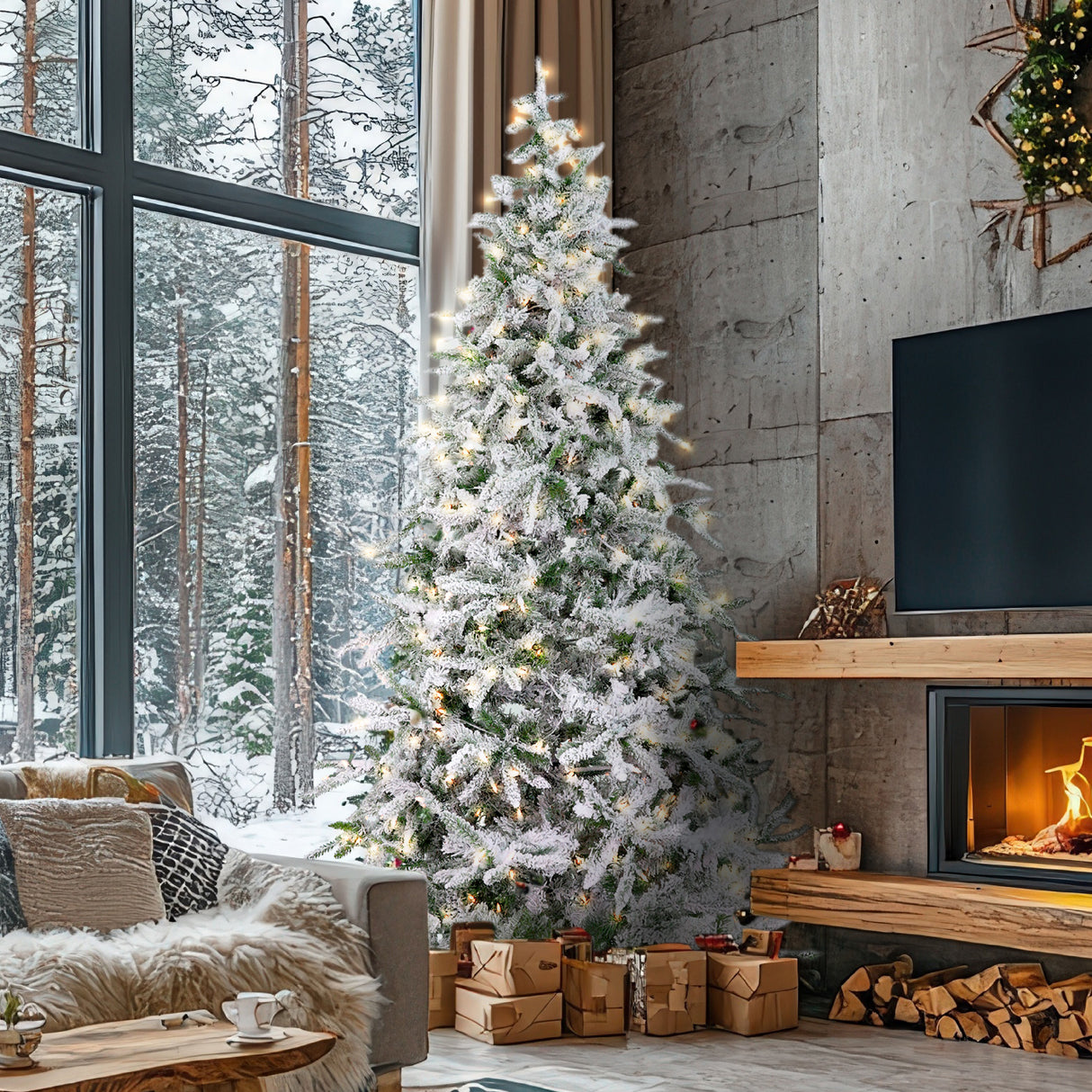 Fraser Hill Farm 9-Ft Flocked Mountain Pine Artificial Christmas Tree with White Incandescent Smart Lights