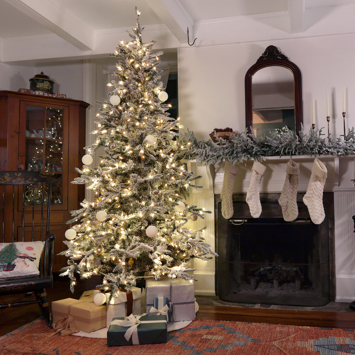 Fraser Hill Farm 9-Ft Flocked Mountain Pine Artificial Christmas Tree with Warm White LED Lights