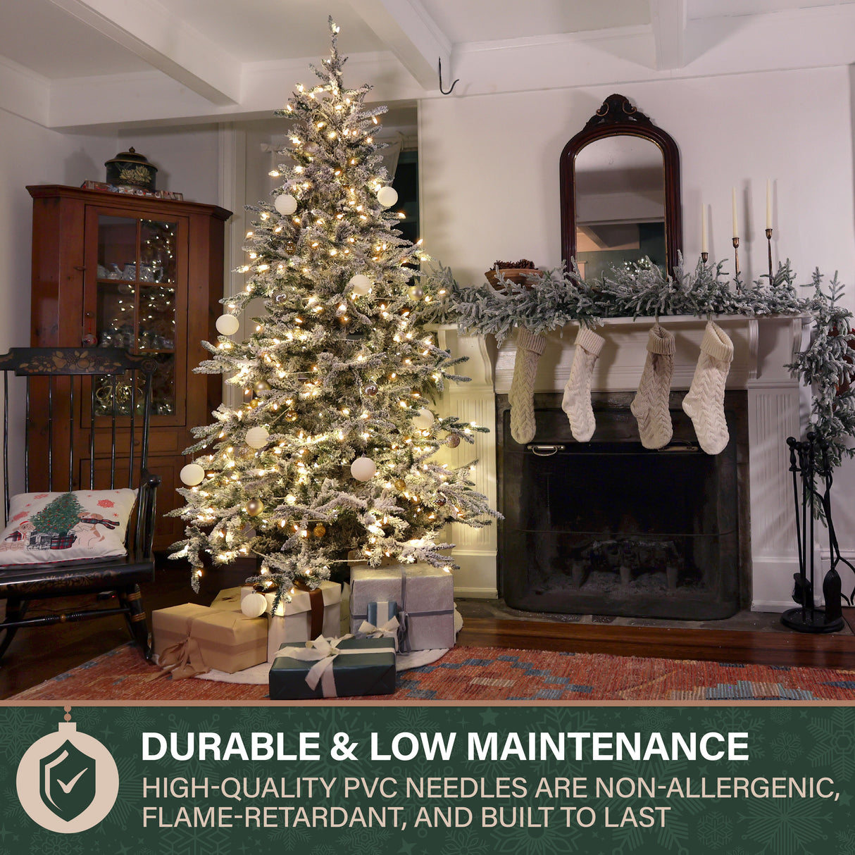 Fraser Hill Farm 9-Ft Flocked Mountain Pine Artificial Christmas Tree with Warm White LED Lights