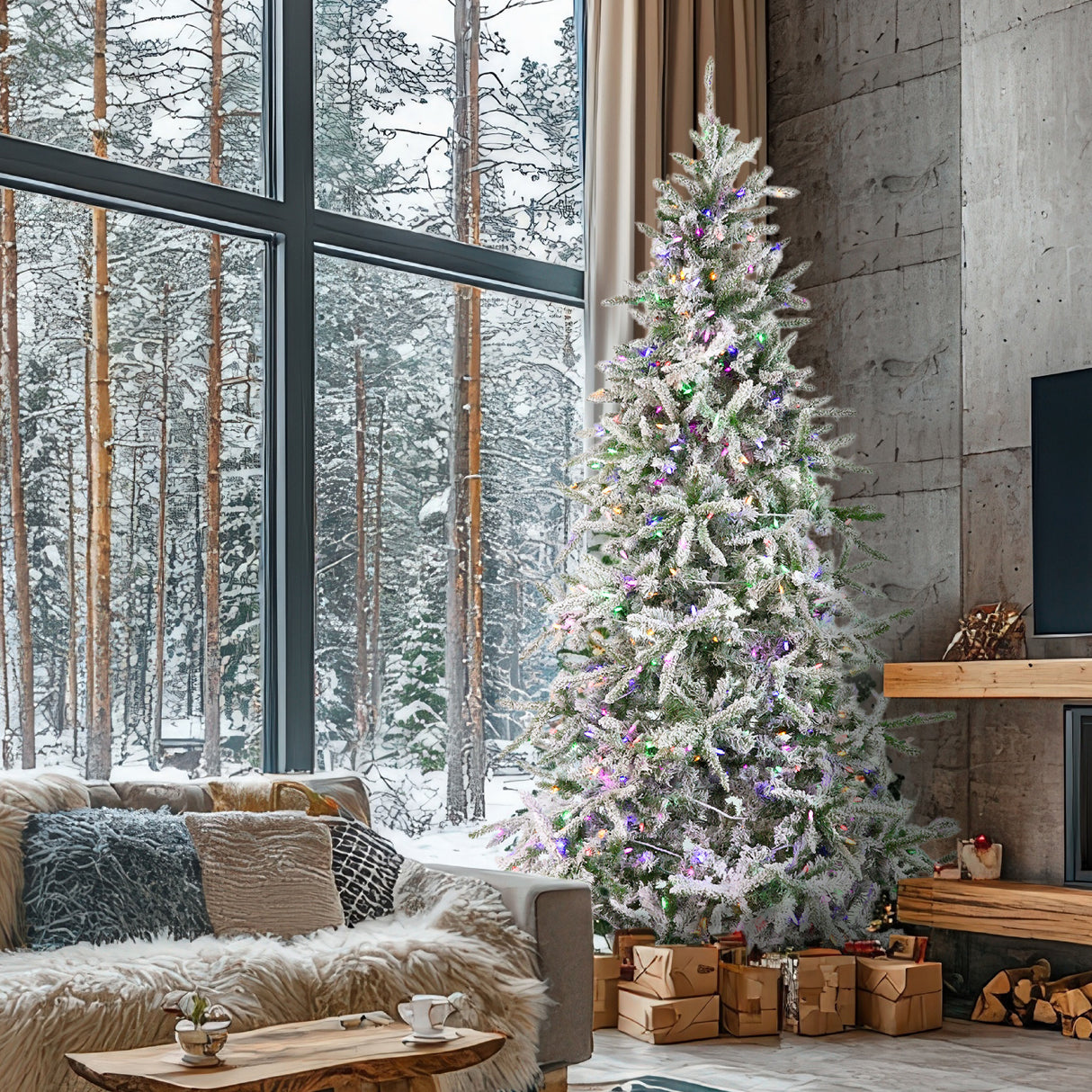 Fraser Hill Farm 9-Ft Flocked Mountain Pine Artificial Christmas Tree with Dual Multicolor & Warm White LED Lights