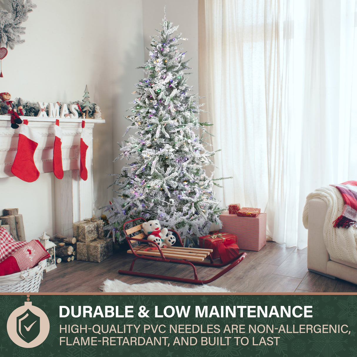 Fraser Hill Farm 9-Ft Flocked Mountain Pine Artificial Christmas Tree with Dual Multicolor & Warm White LED Lights