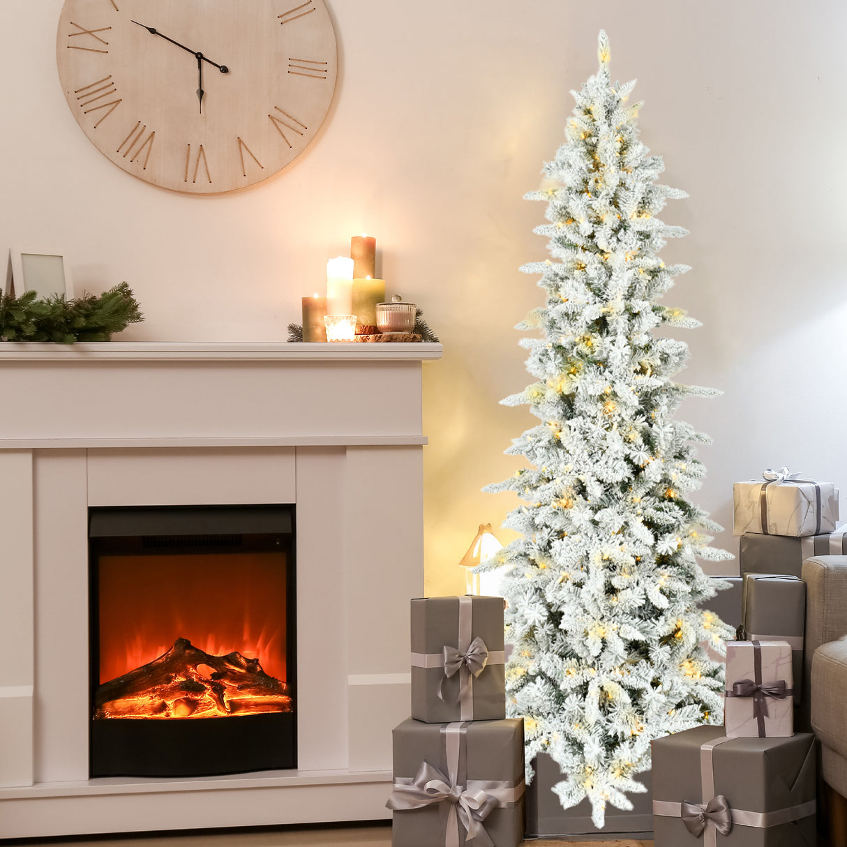 6.5-Ft. Slim Mountain Pine Flocked Christmas Tree with Warm White LED Lights