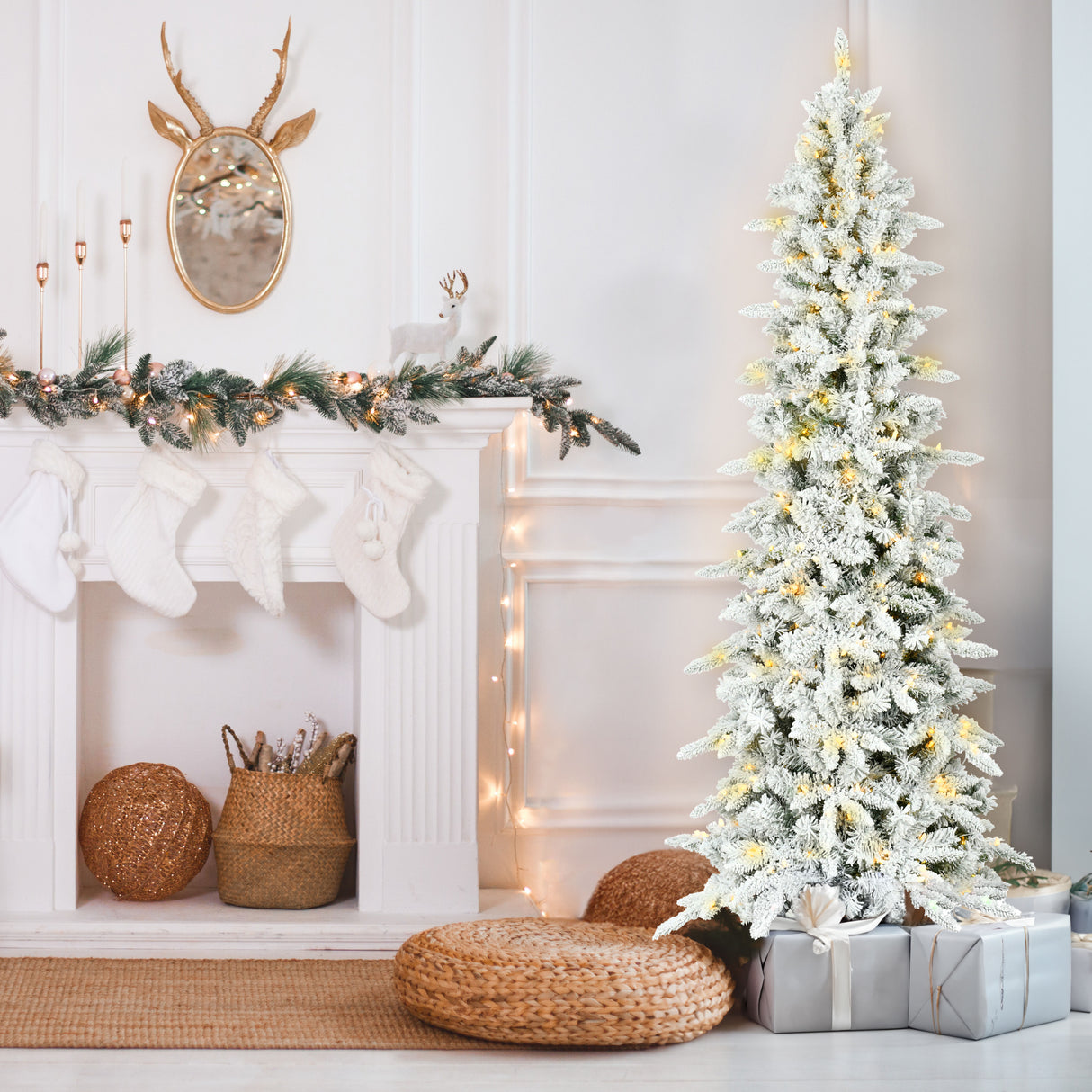 6.5-Ft. Slim Mountain Pine Flocked Christmas Tree with Warm White LED Lights