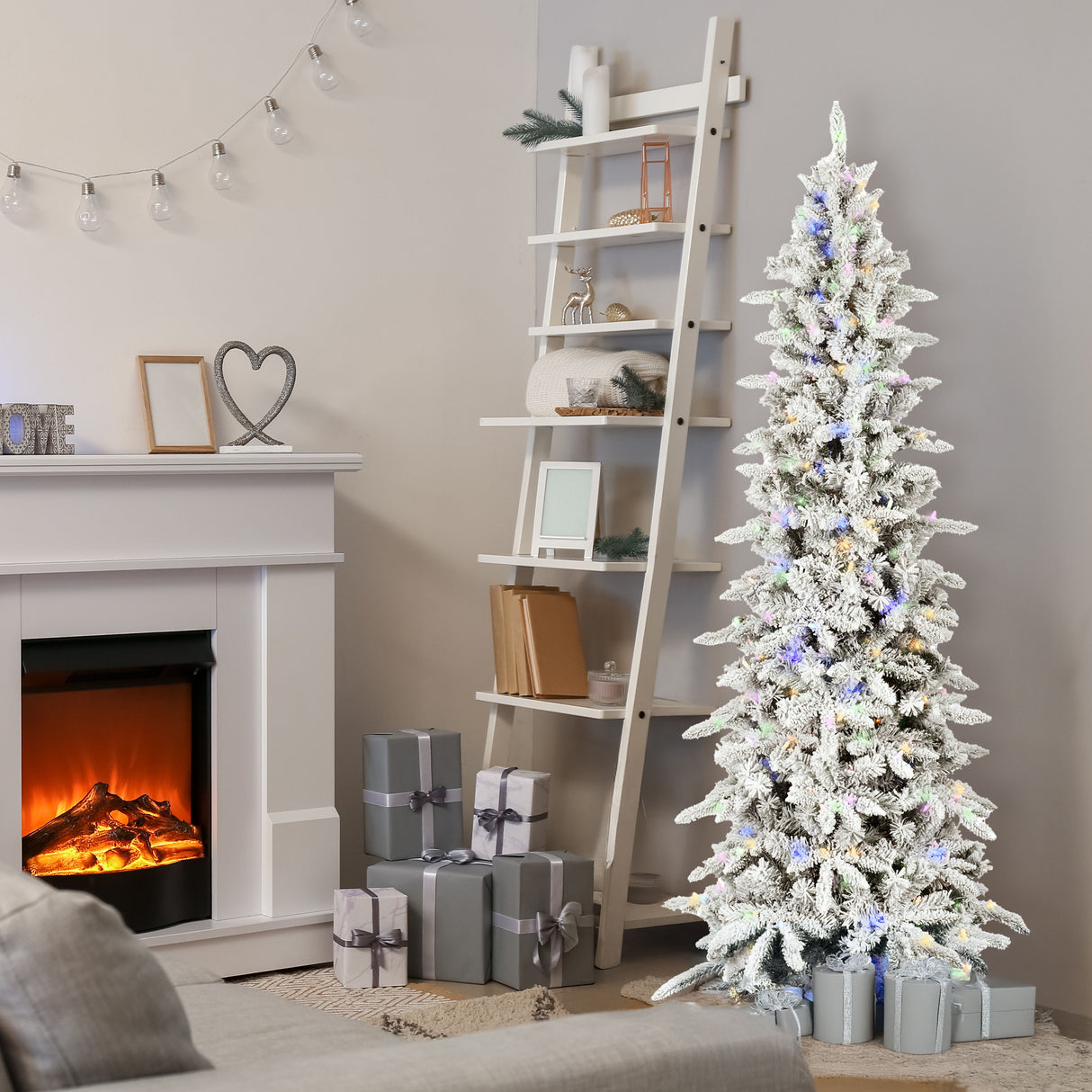 Fraser Hill Farm 6.5-Ft Slim Mountain Pine Flocked Artificial Christmas Tree with Dual Multicolor & Warm White LED Lights