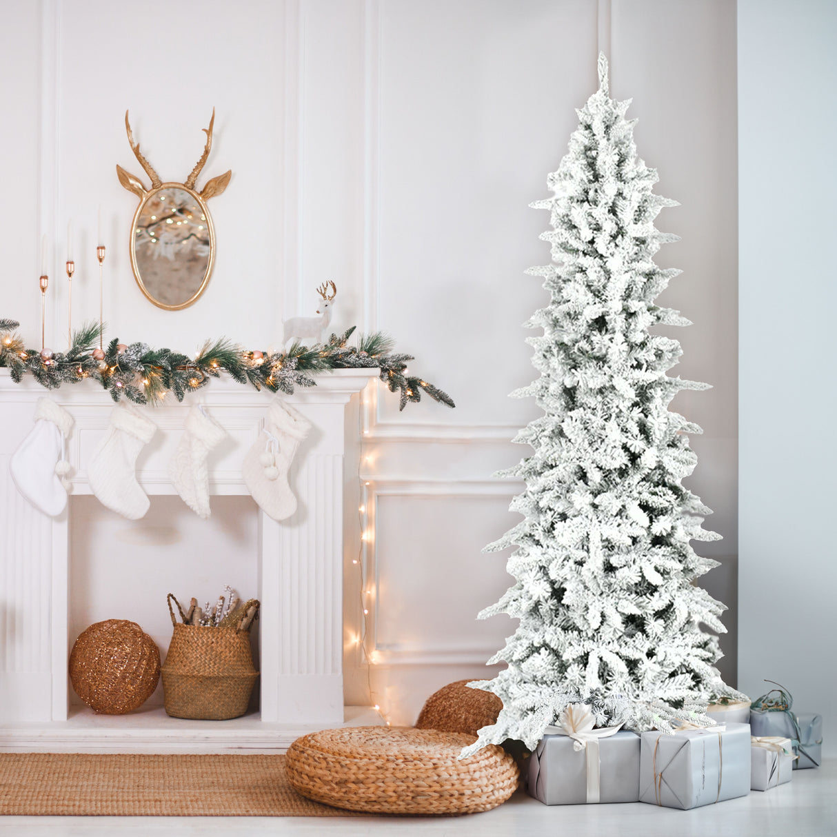 Fraser Hill Farm 7.5-Ft Slim Mountain Pine Flocked Artificial Christmas Tree