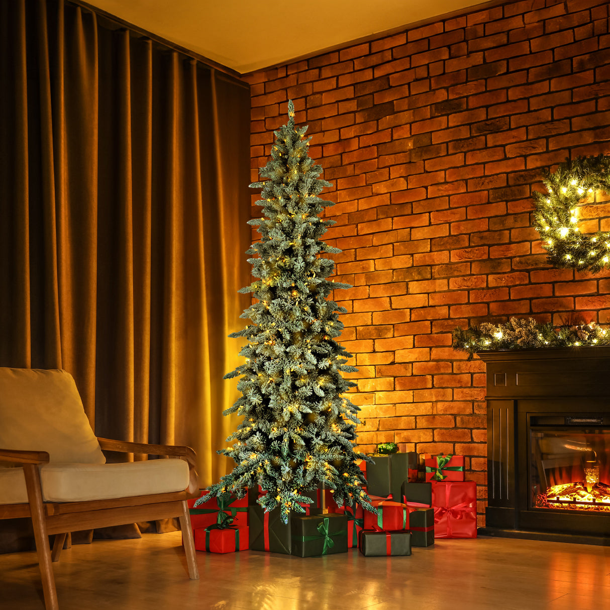 Fraser Hill Farm 7.5-Ft. Slim Mountain Pine Flocked Artificial Christmas Tree with Warm White LED Lights