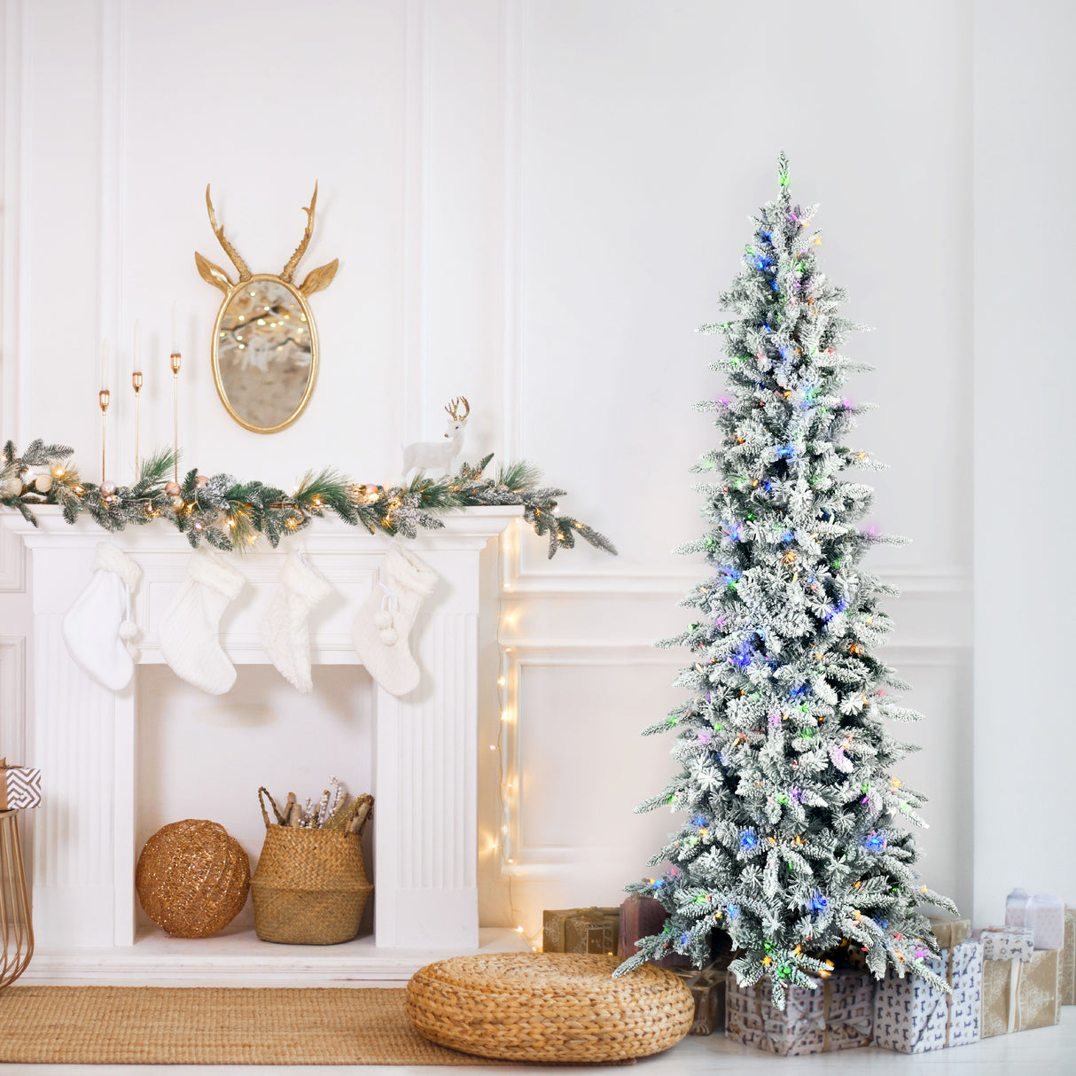 Fraser Hill Farm 7.5-Ft Slim Mountain Pine Flocked Artificial Christmas Tree with Dual Multicolor & Warm White LED Lights