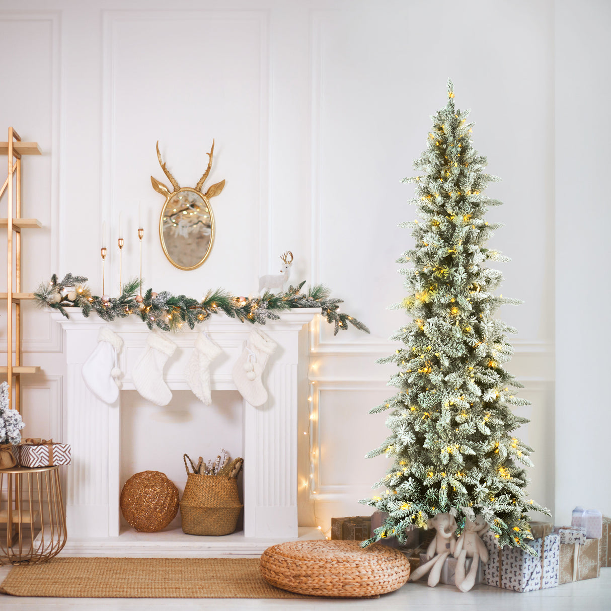 Fraser Hill Farm 9-Ft Slim Mountain Pine Flocked Artificial Christmas Tree with Warm White LED Lights