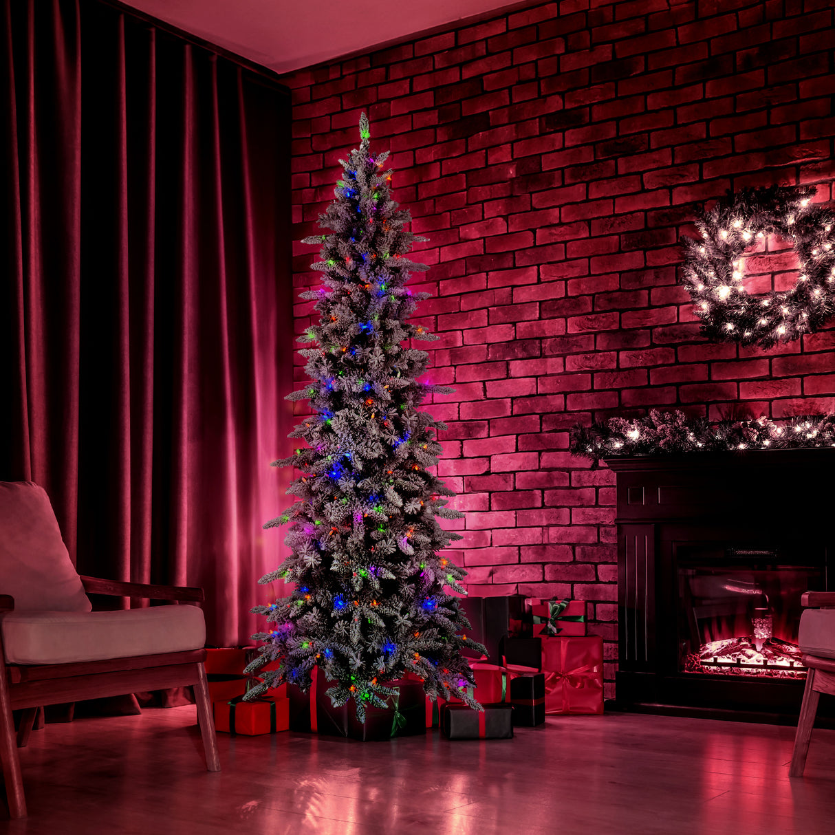 Fraser Hill Farm 9-Ft Slim Mountain Pine Flocked Christmas Tree with Dual Multicolor & White LED Lights