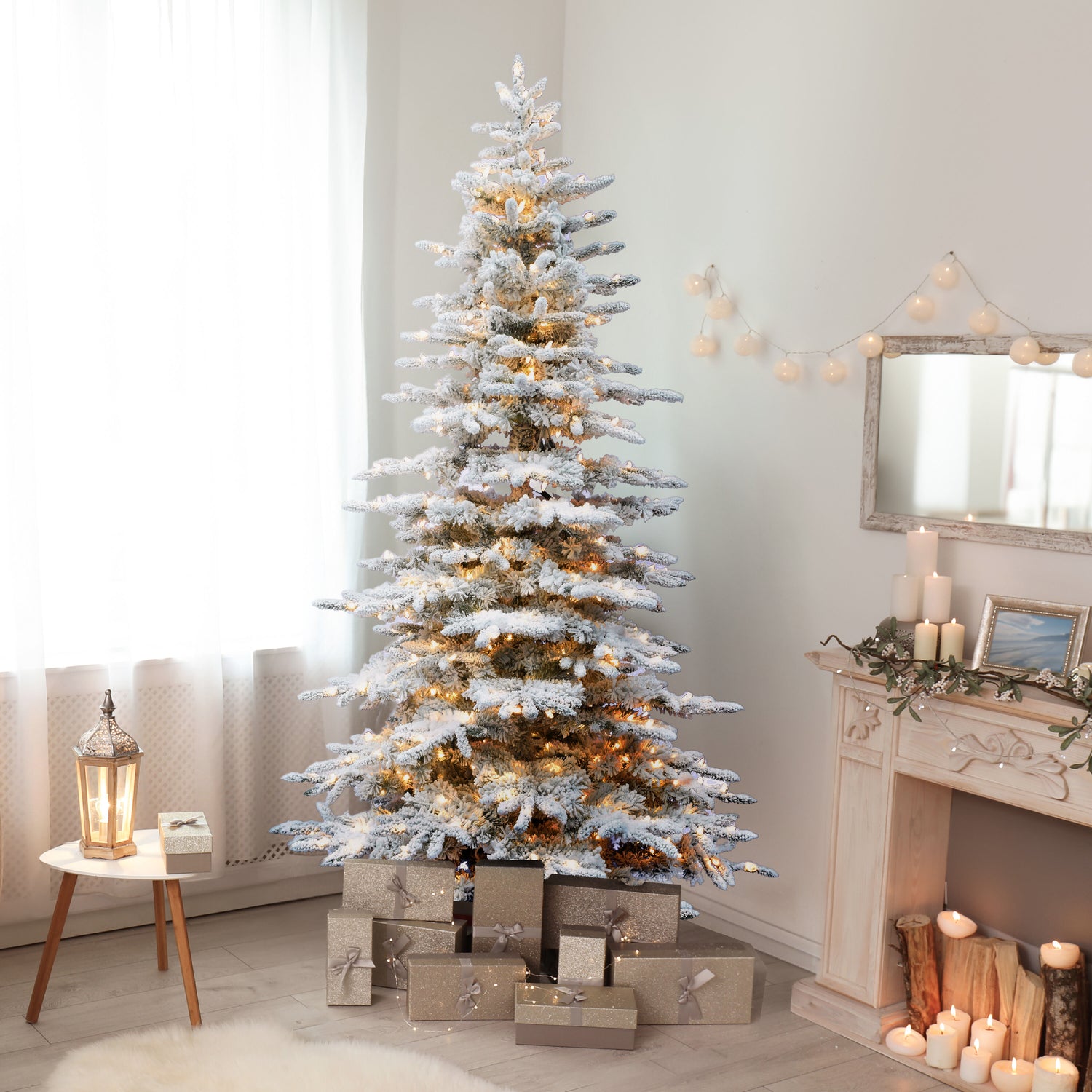 9-Ft. Flocked Pine Valley Christmas Tree with White Incandescent Smart Lights