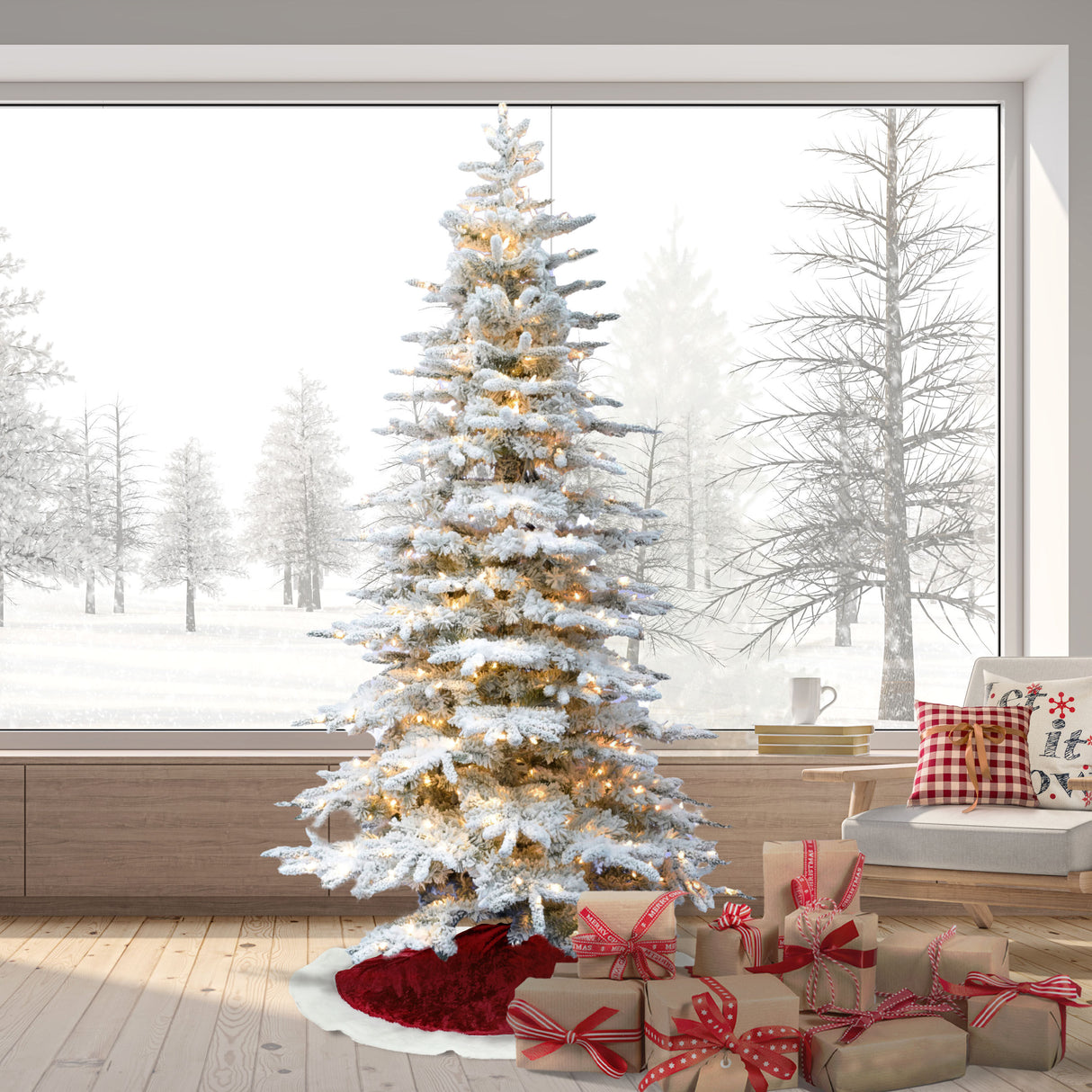 9-Ft.-Flocked-Pine-Valley-Christmas-Tree-with-Warm-White-LED-String-Lighting-Christmas-Trees