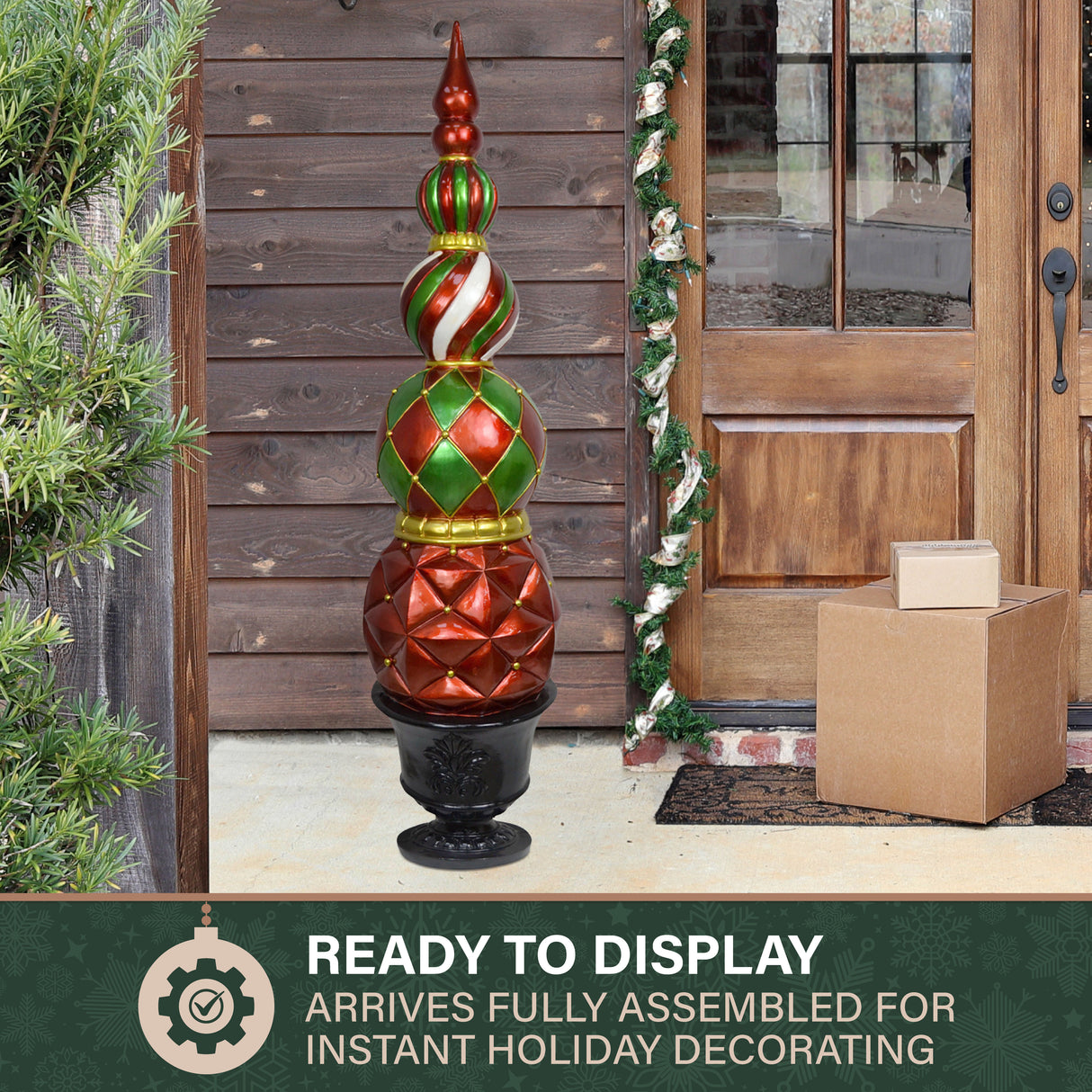 Fraser Hill Farm 50-in. Resin Ball and Finial Topiary in Pedestal Urn Christmas Decoration