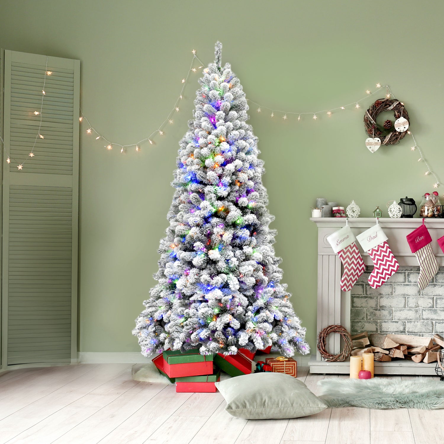 7.5-Ft. Flocked Silverton Fir Christmas Tree with Dual Multicolor & Warm White LED Lights