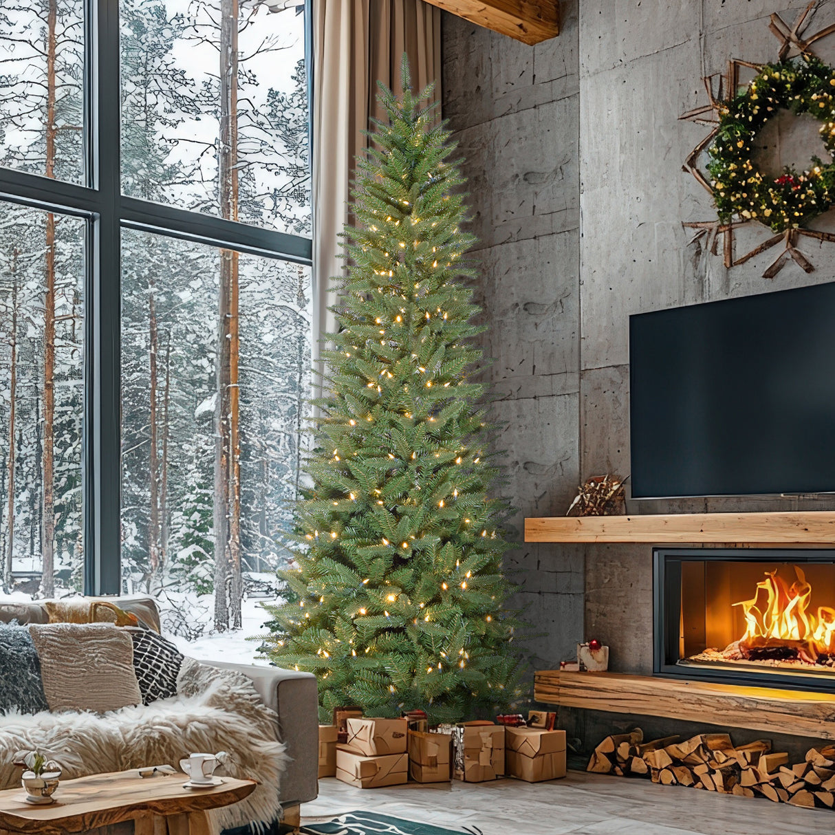 9-Ft. Winter Falls Slim-Silhouette Christmas Tree with 8-Function Warm White LED Lighting and EZ Connect