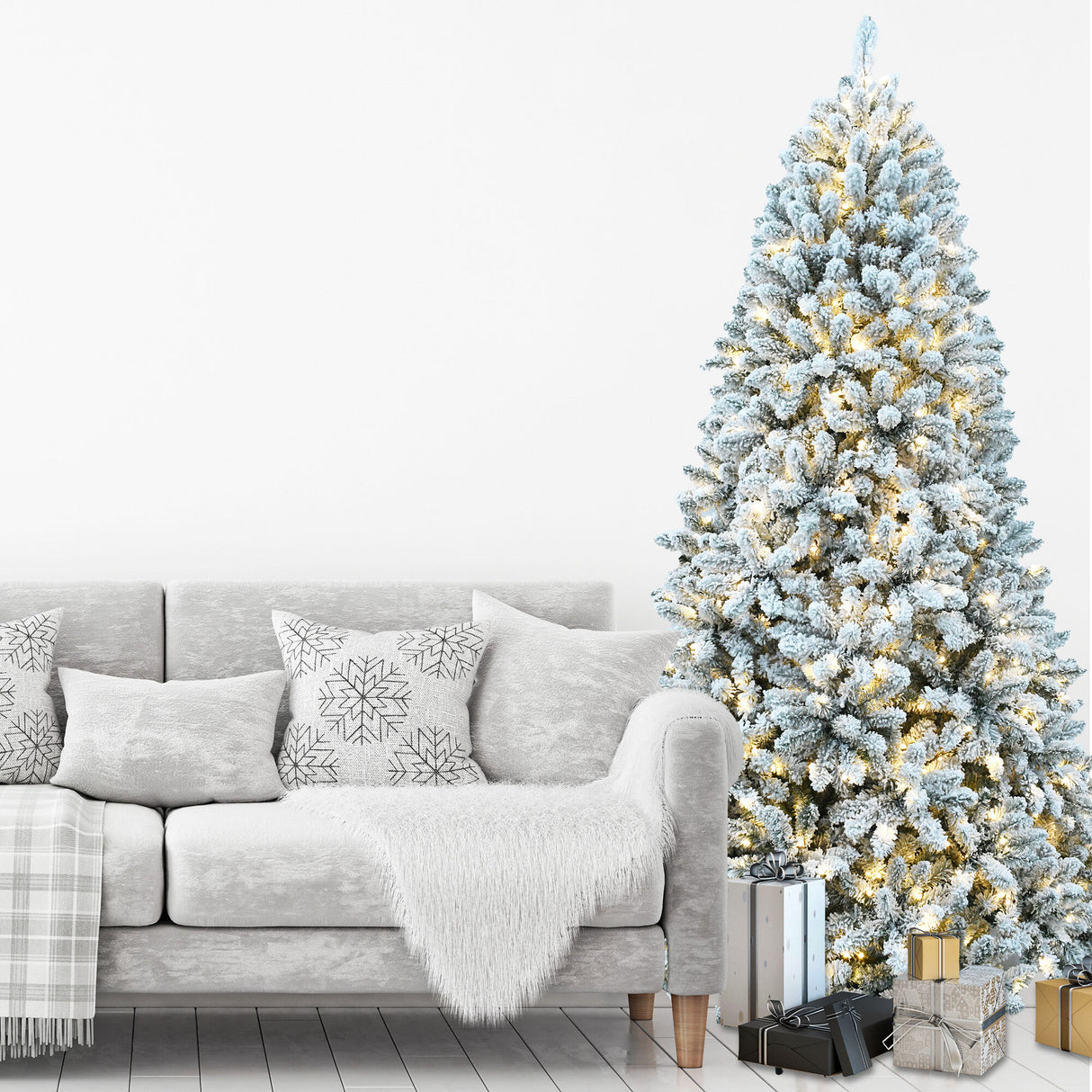 7.5-Ft. Flocked Winter Snow Pine Christmas Tree with Warm White LED Lighting