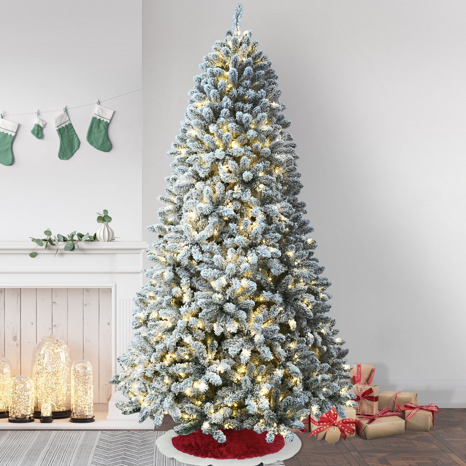 9-Ft. Flocked Winter Snow Pine Christmas Tree with Warm White LED Lighting