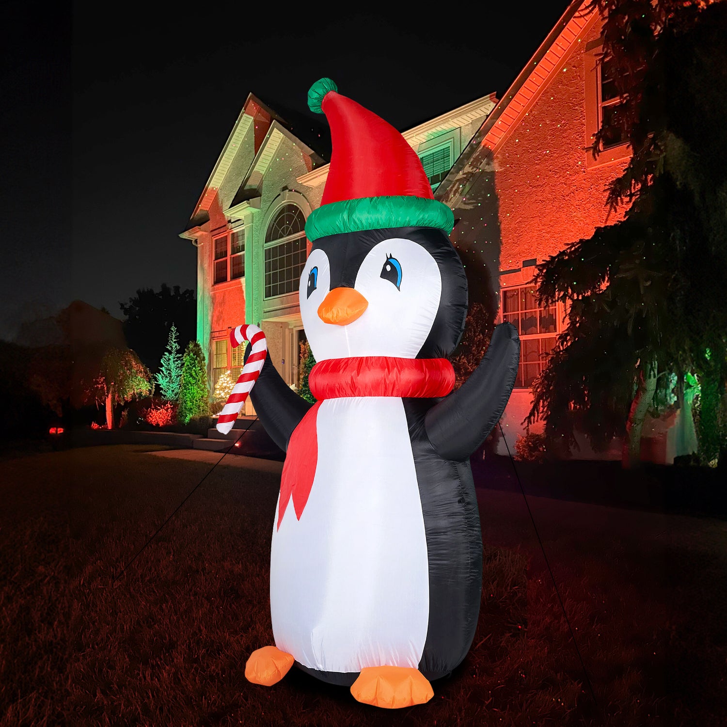 10-Ft. Tall Penguin with Candy Cane, Outdoor Blow-Up Christmas Inflatable with RGB Lights and Storage Bag