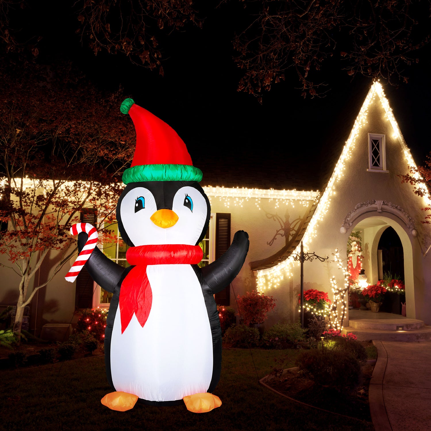 10-Ft. Tall Penguin with Candy Cane, Outdoor Blow-Up Christmas Inflatable with RGB Lights and Storage Bag