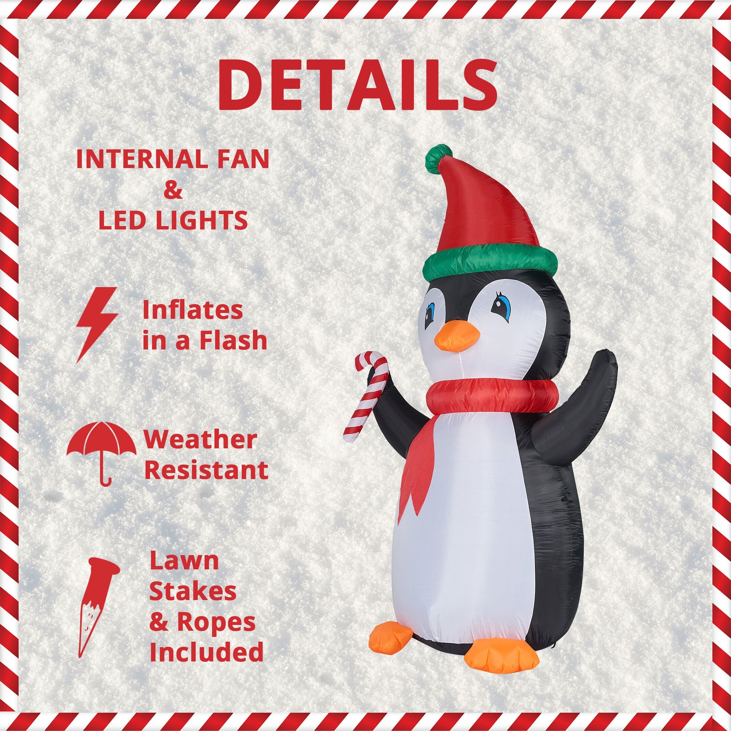 10-Ft. Tall Penguin with Candy Cane, Outdoor Blow-Up Christmas Inflatable with RGB Lights and Storage Bag