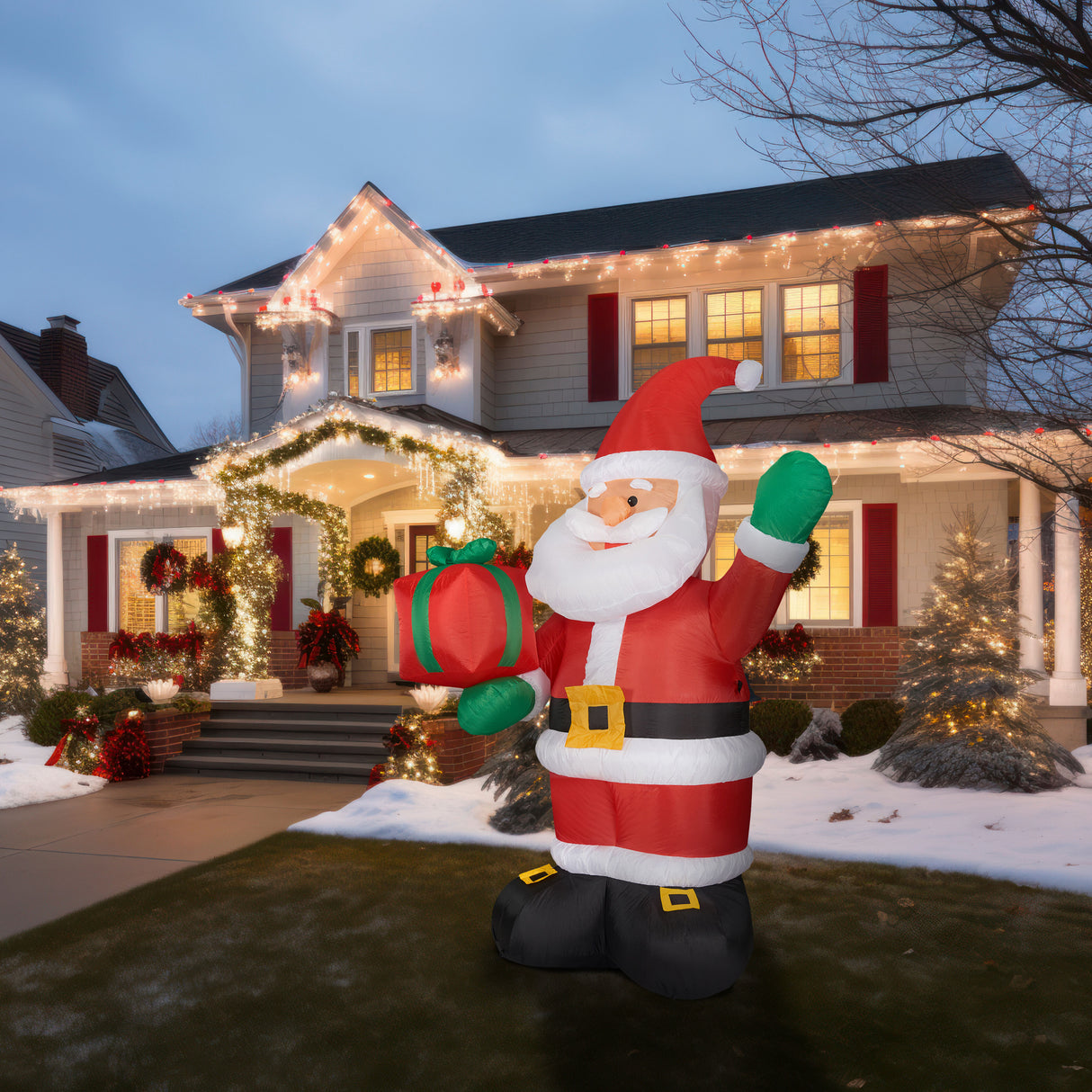 10-Ft; Tall Santa Claus Holding Gift, Outdoor Blow-Up Christmas Inflatable with Lights and Storage Bag