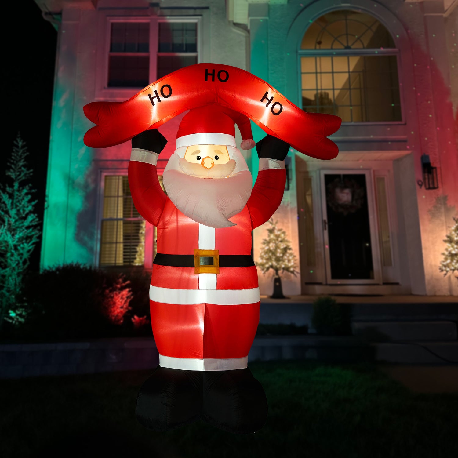 10-Ft. Tall Santa Holding HO HO HO Sign, Outdoor Blow-Up Christmas Inflatable with Lights and Storage Bag