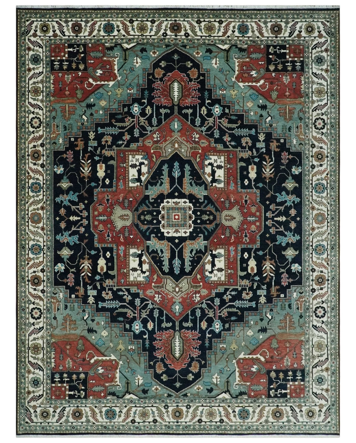 Fine 9x12 Hand Knotted Brown, Black, Blue and Ivory Traditional Wool Area Rug
