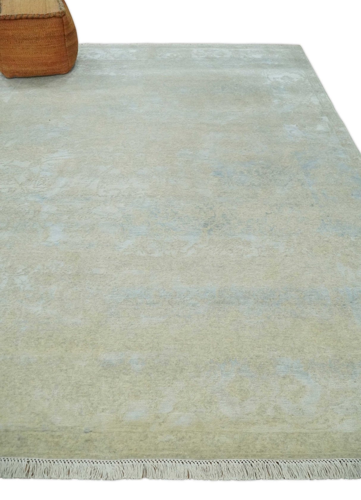 Fine Hand Knotted 8x10 Beige and Ivory Transitional Wool and Bamboo Silk Area Rug