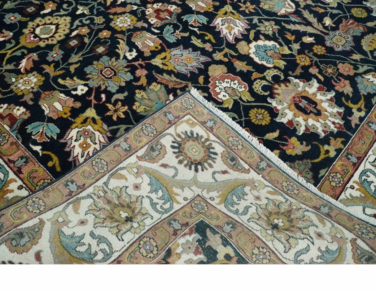 Fine Hand Knotted Black and Ivory 8x10 Traditional Wool Area Rug