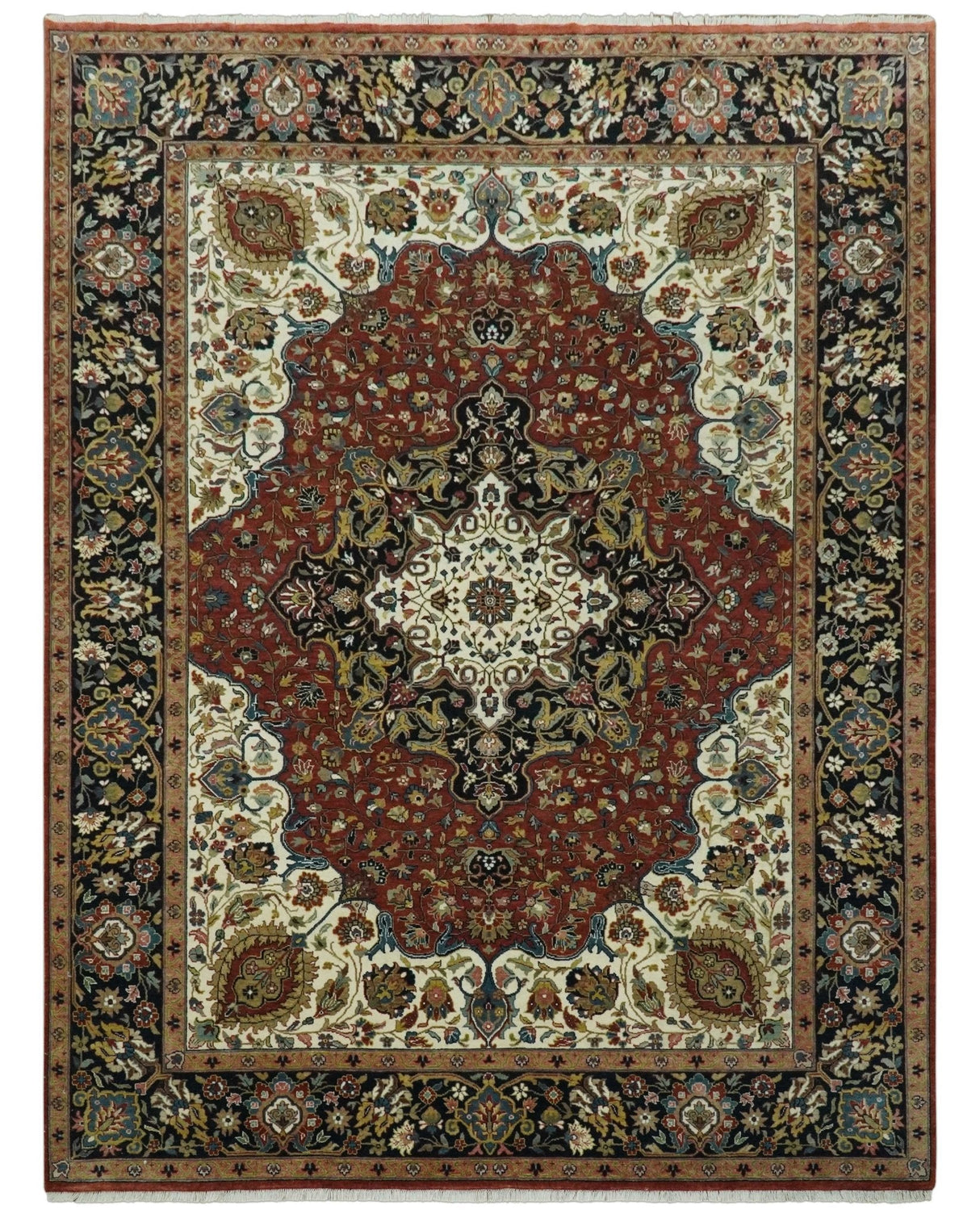 Fine Hand Knotted Brown, Ivory and Black 8x10 and 10x14 Traditional Wool Rug