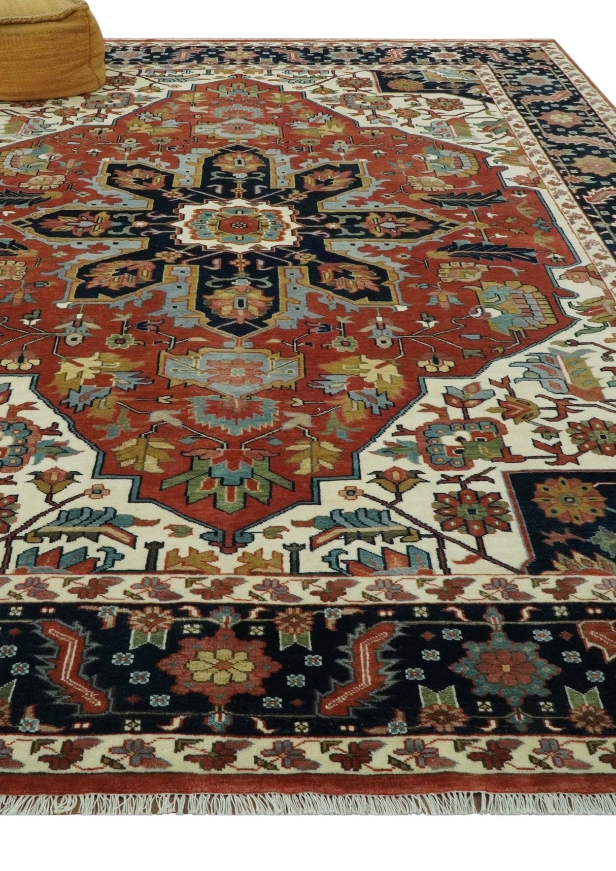 Fine Hand Knotted Rust, Ivory and Blue Floral Traditional Heriz 9x12 wool area rug