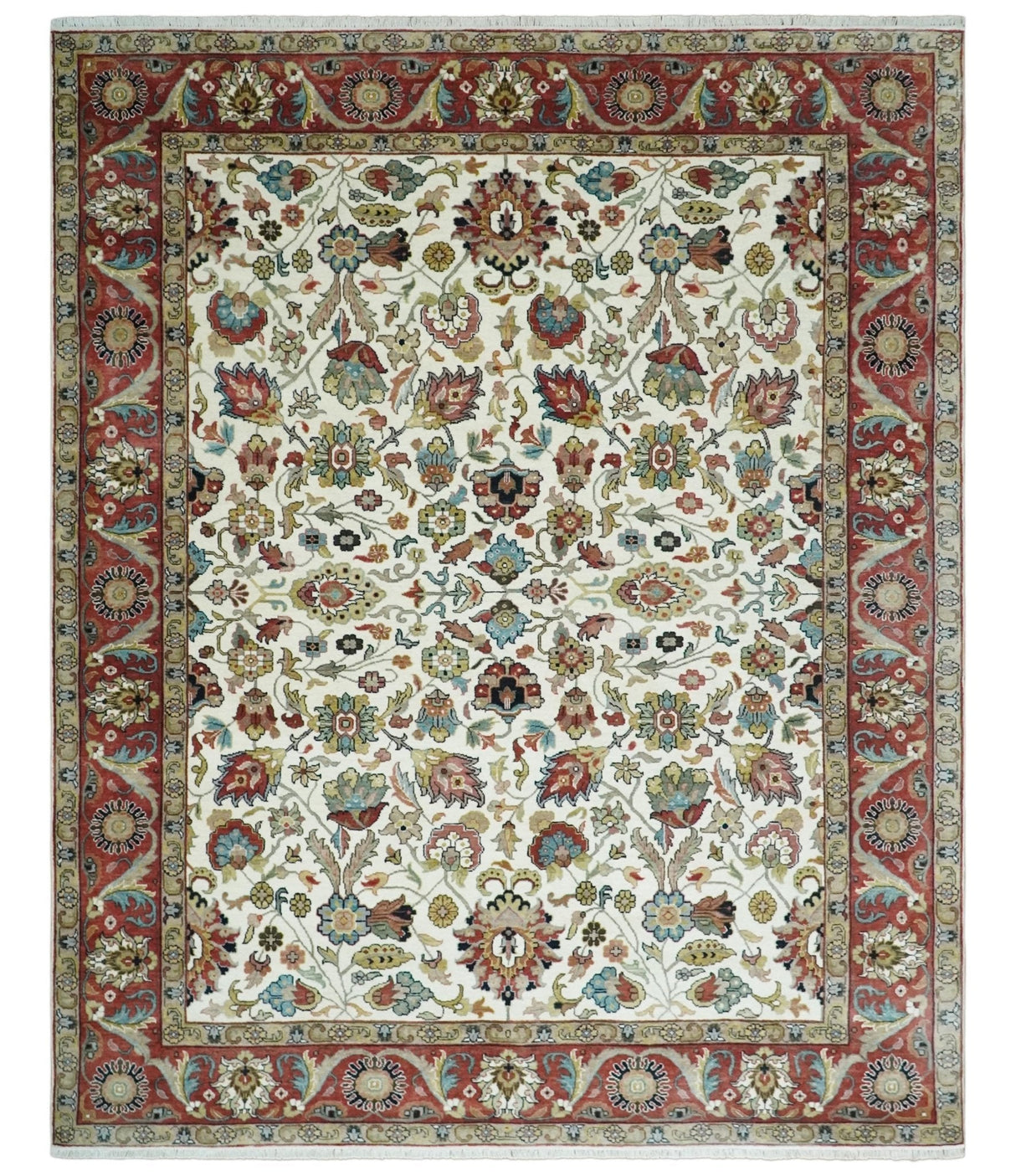 Fine Knots Ivory and Brown 8x10 and 9x12 Hand knotted Traditional Floral Wool Area Rug
