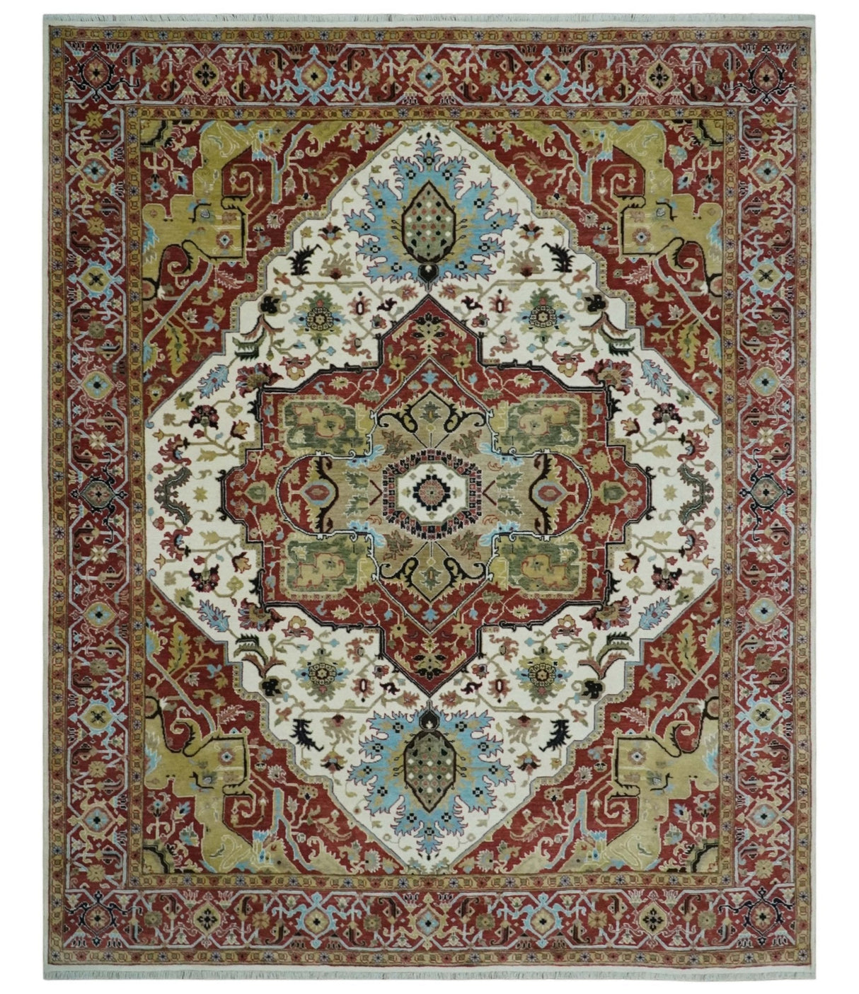 Fine Knots Red, Ivory and Olive 8x10 Hand knotted Traditional Wool Area Rug,