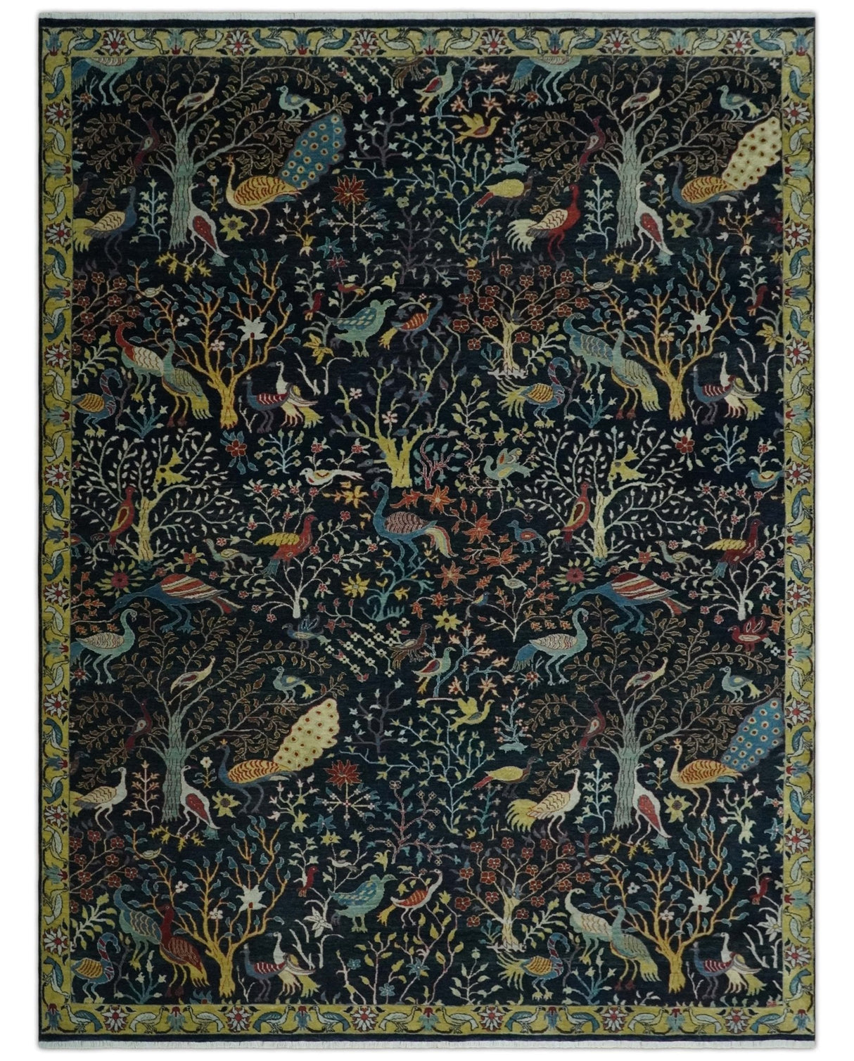 Fine The Jungle Life Peacock on tree Rug 8x10, 9x12 Hand Knotted Black and Mustard Wool Rug
