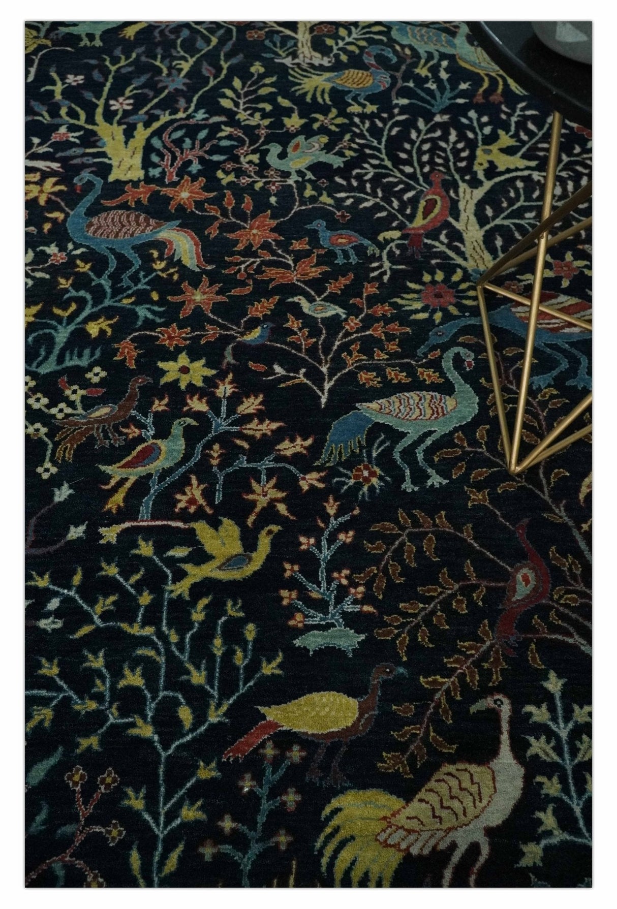 Fine The Jungle Life Peacock on tree Rug 8x10, 9x12 Hand Knotted Black and Mustard Wool Rug