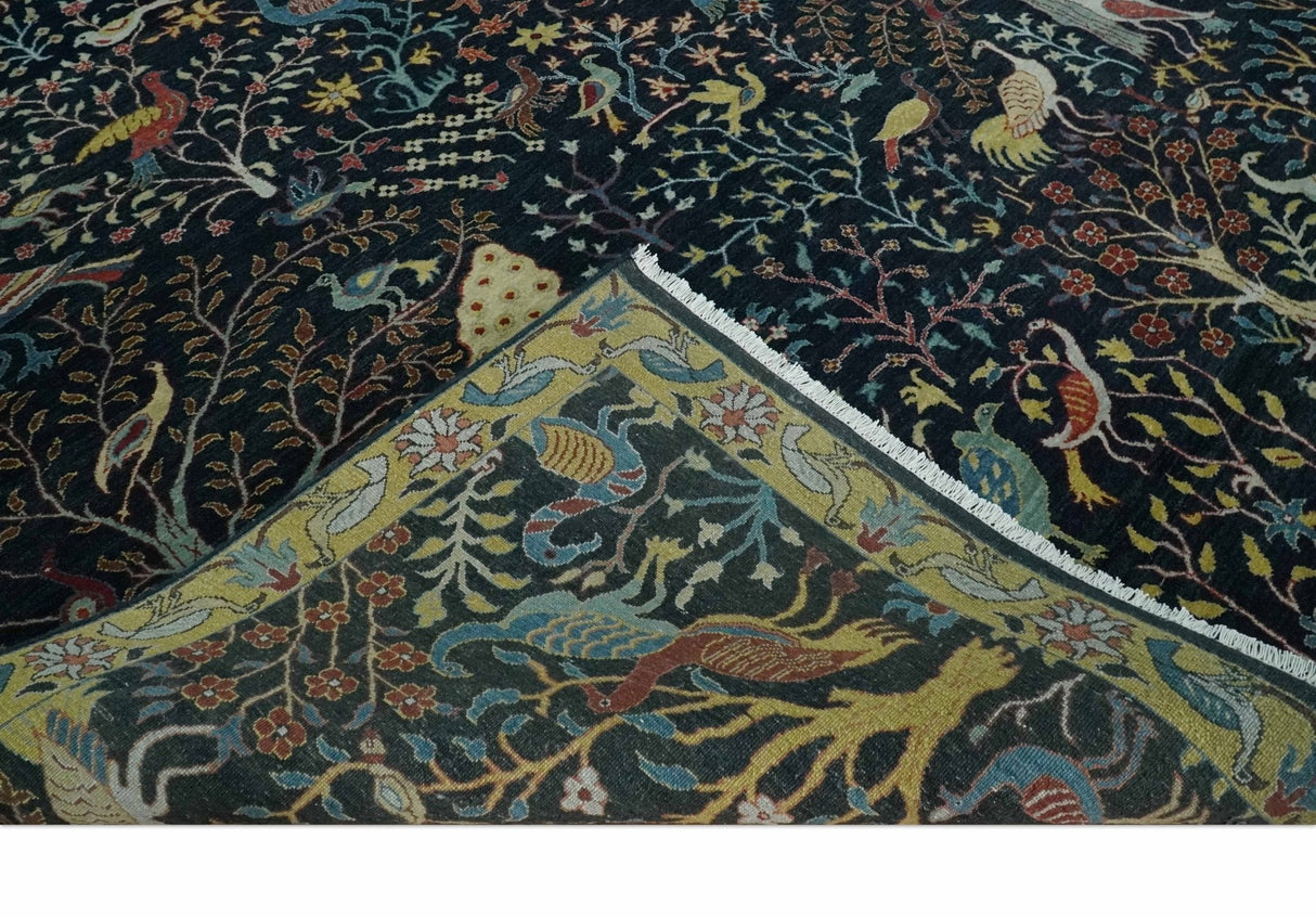 Fine The Jungle Life Peacock on tree Rug 8x10, 9x12 Hand Knotted Black and Mustard Wool Rug