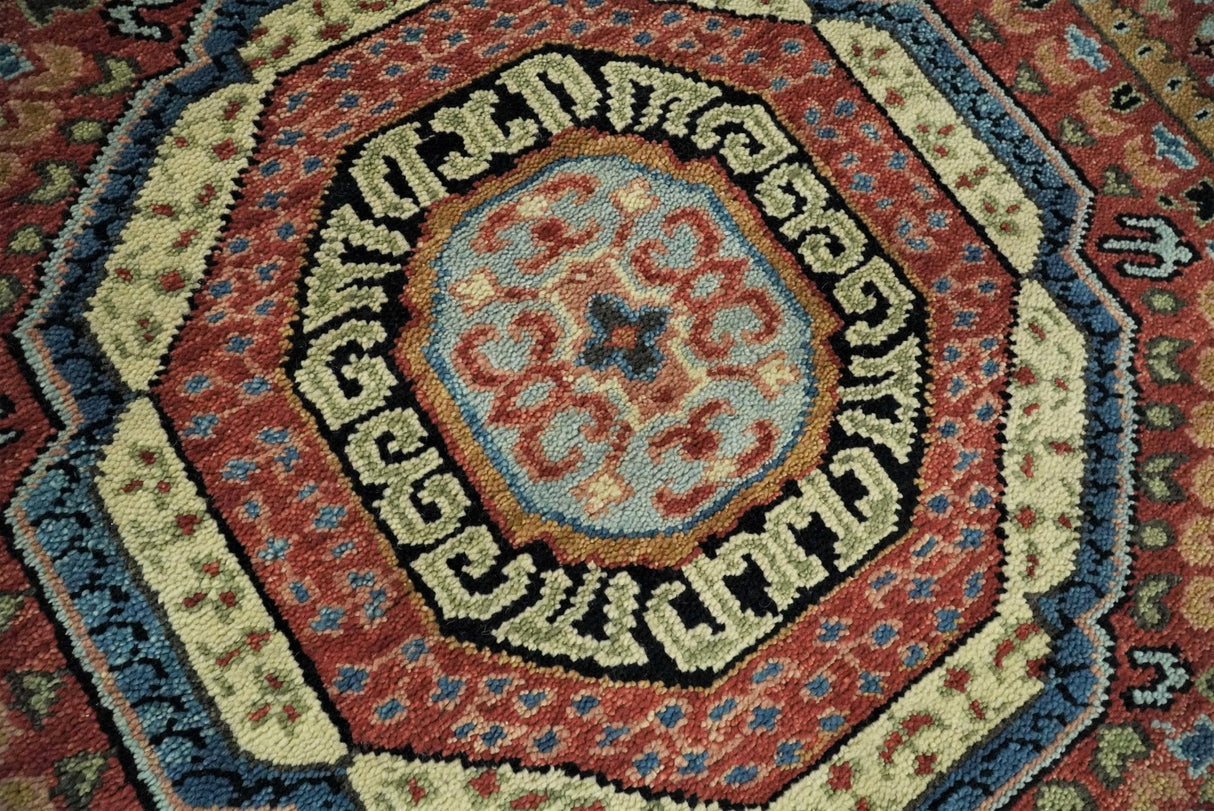 Fine Wool Hand Knotted Kazak Medallion Red and Black Traditional Rug