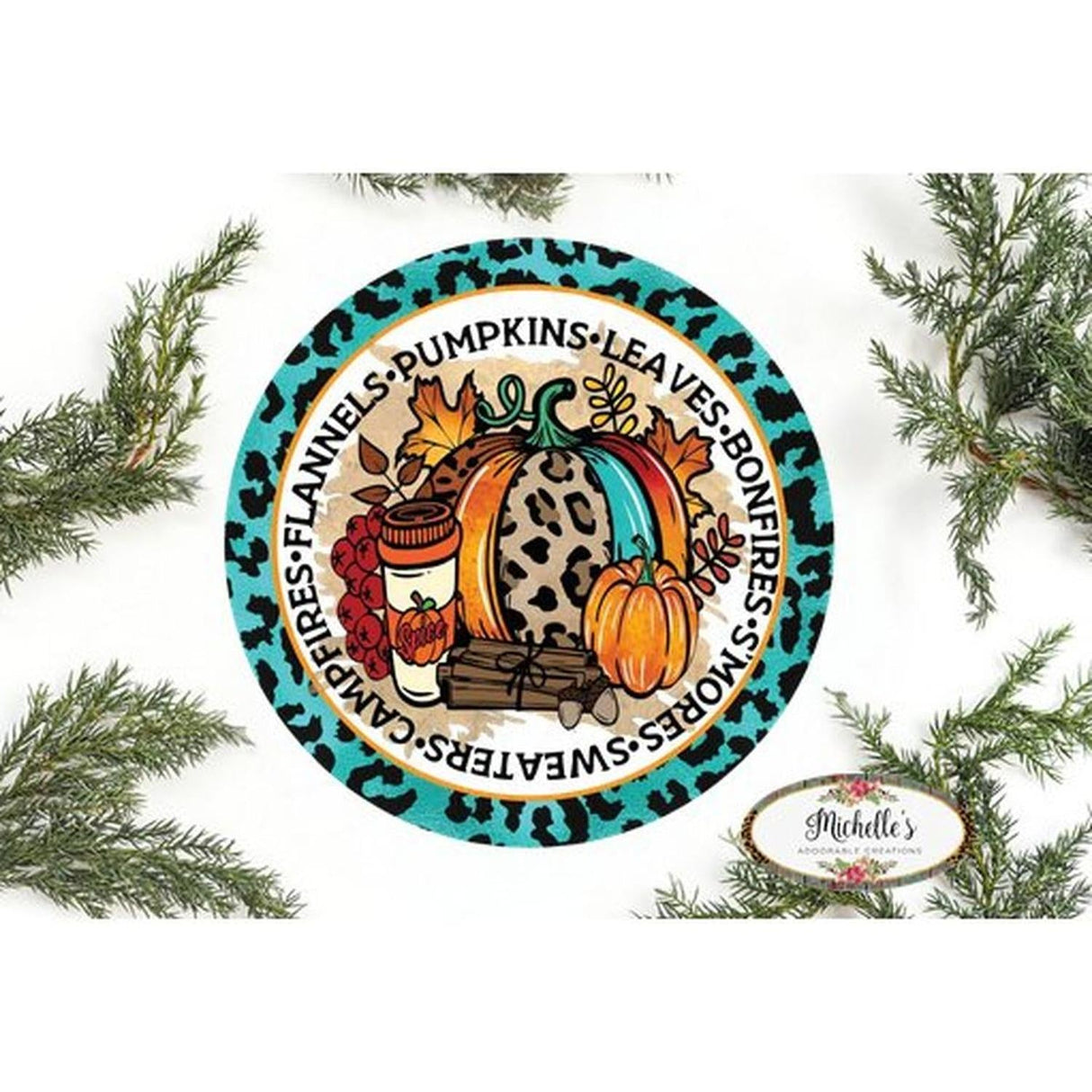 Flannels Pumpkins Leaves Teal Leopard Sign