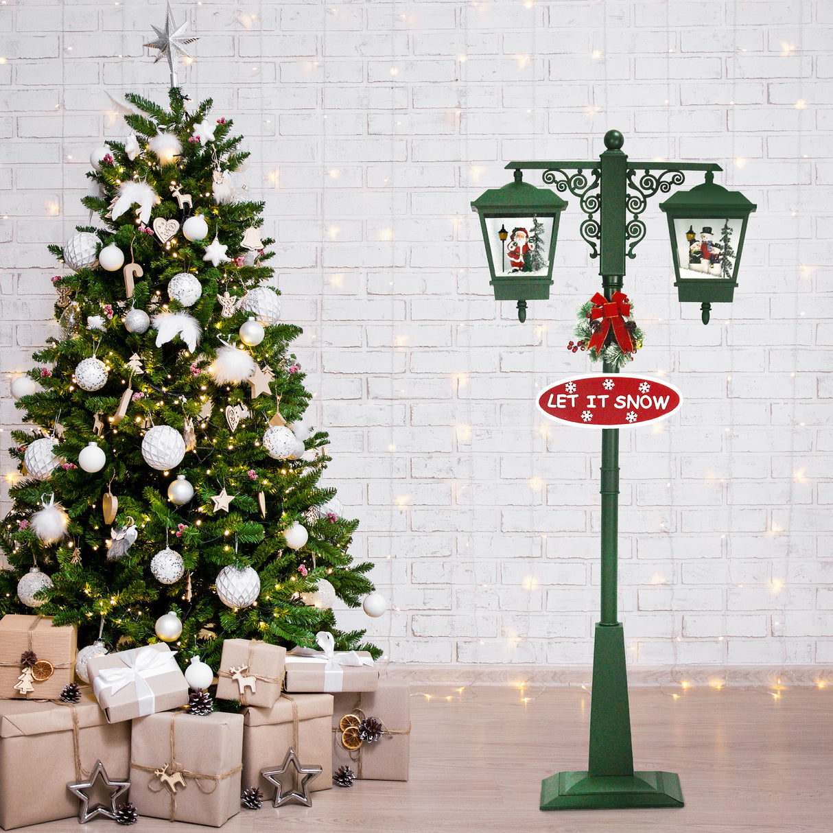 Fraser Hill Farm Let It Snow Series 74-In Dual-Lantern Street Lamp with Santa & Snowman with Cascading Snow, Christmas Music